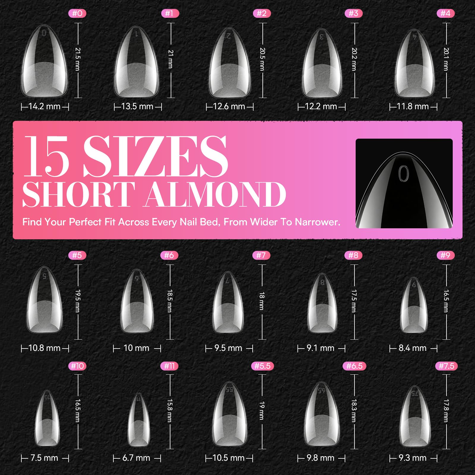 Makartt Short Almond Nail Tips – 504Pcs Pre-Etched Clear Nails, 15 Sizes, Half Matte Finish