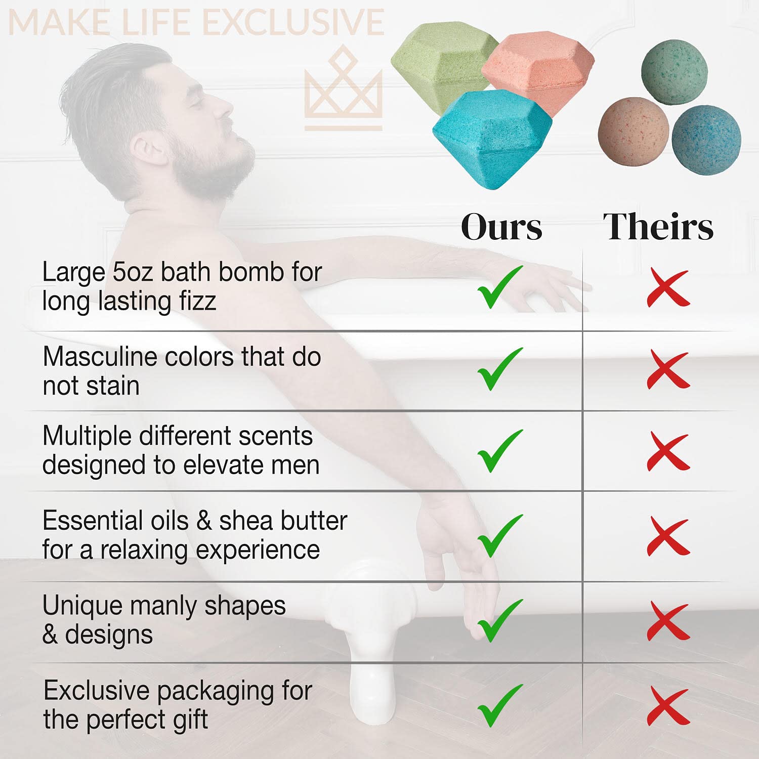 MAKE LIFE EXCLUSIVE Bath Bombs for Men – Diamond Shape 8x5oz Gift Set