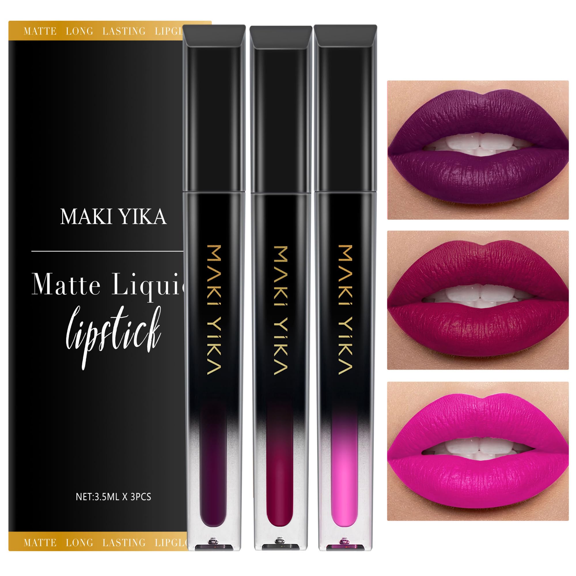 MAKI YIKA 3Pcs Matte Lipstick Set – Long-Lasting, Non-Transfer (Purple, Plum, Pink)