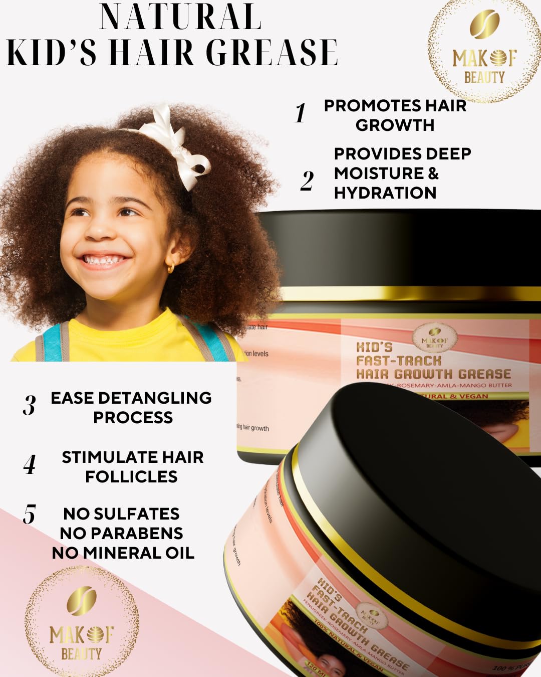 MAKOF BEAUTY Kids Hair Growth Grease with Batana Extract, Rosemary, Fenugreek, Amla Oil & Mango Butter – 120 ml