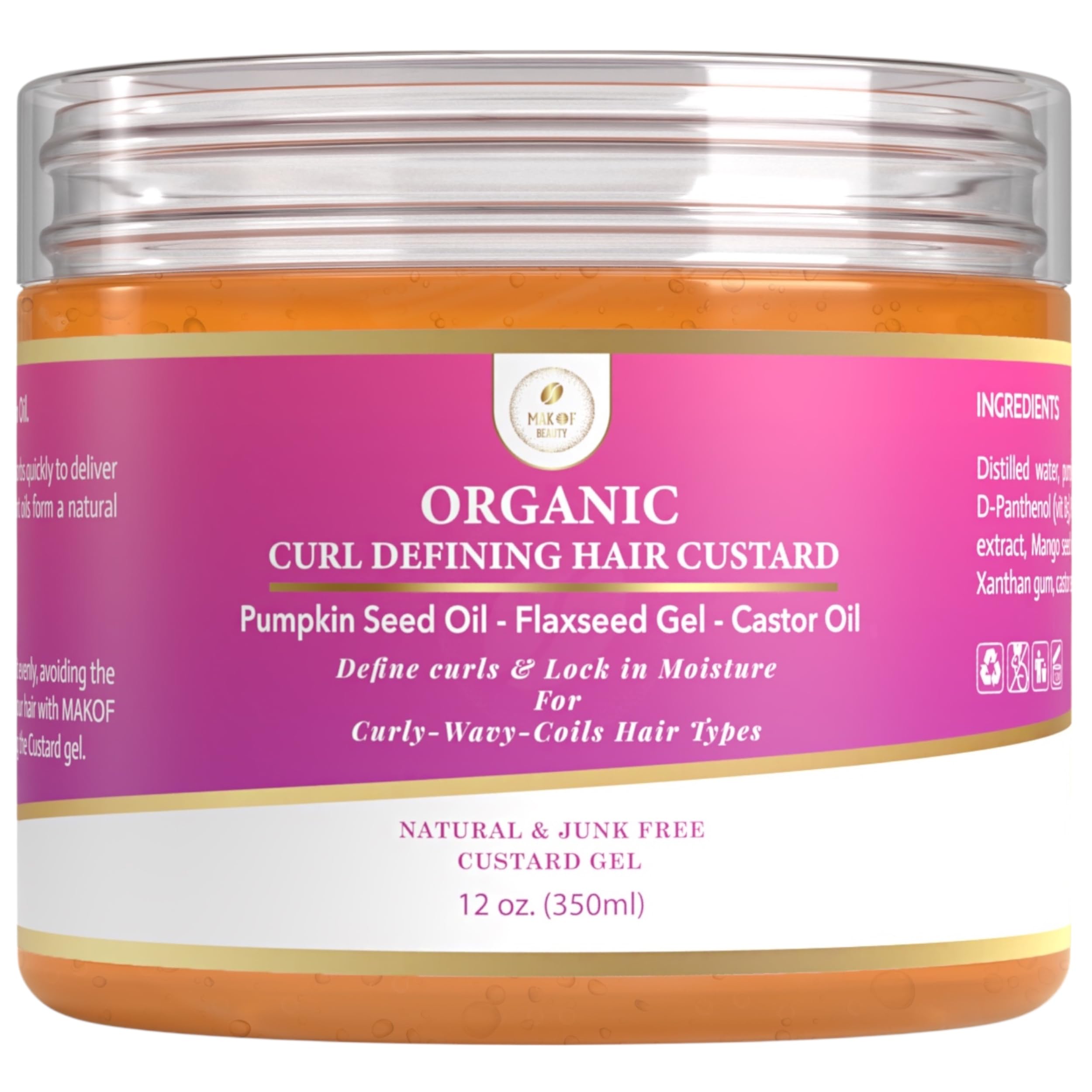 MAKOF BEAUTY Curls Defining & Styling Custard Gel – 12 oz, Flaxseed, Pumpkin Seed & Rosemary
