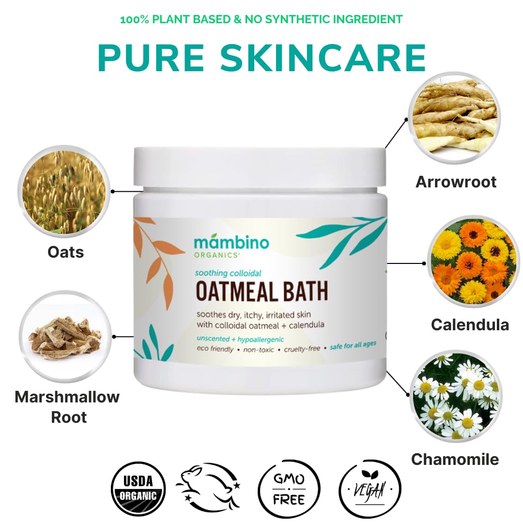 Mambino Organics Soothing Bath Set — Oatmeal Bath Soak, Soothe Me Shampoo & Body Wash, Calming Oil (3-Pack)