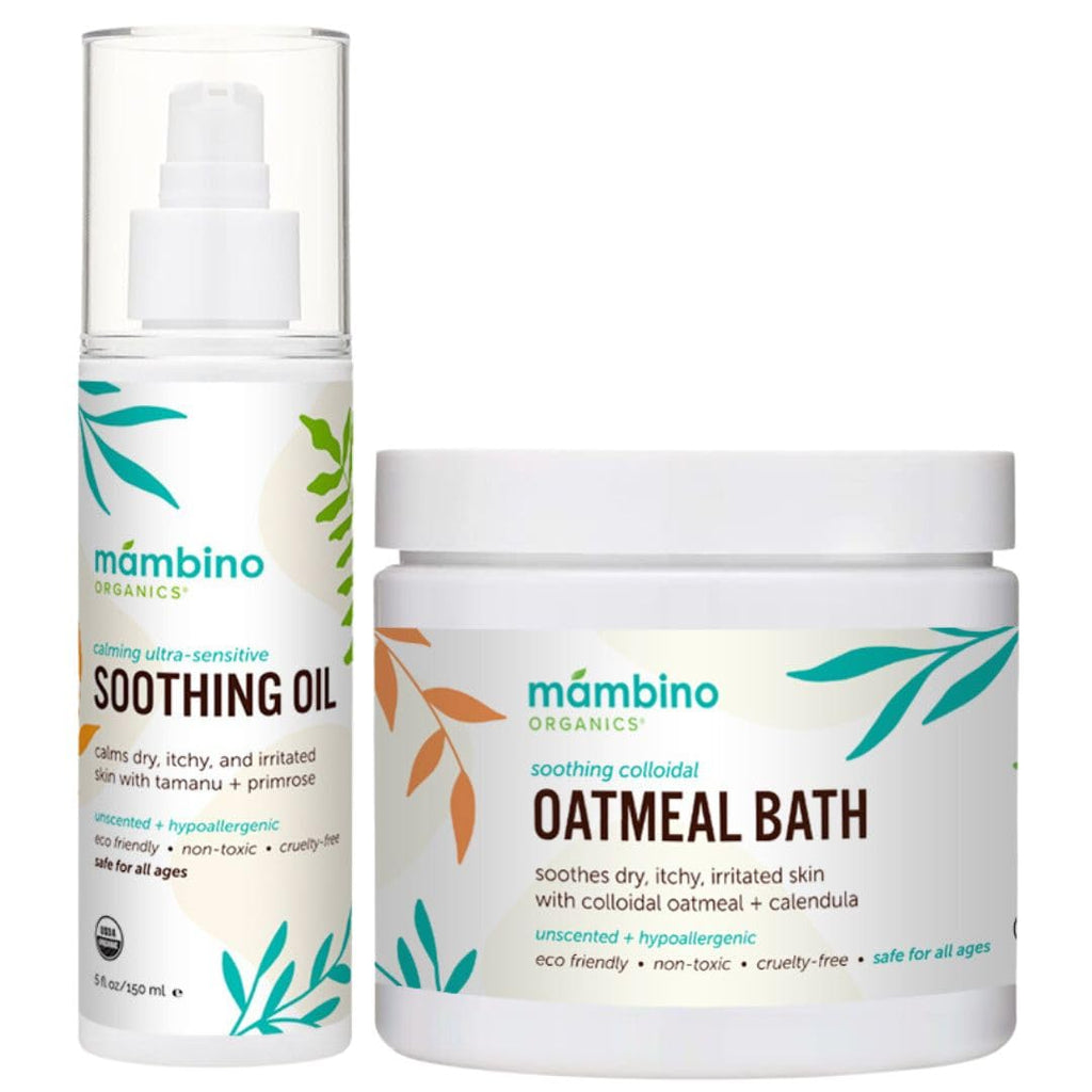 Mambino Organics Calming Skin Set – Oatmeal Bath Powder & Soothing Body Oil (Fragrance-Free, Vegan)