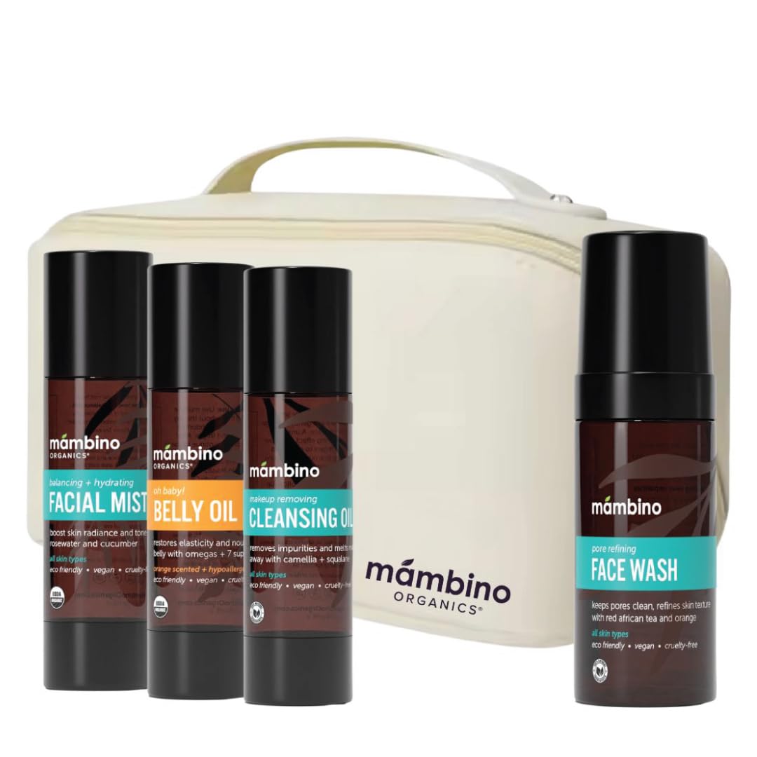 Mambino Organics Third Trimester Skincare Set – Pregnancy Kit with Belly Oil, Rose Mist, Cleansing Oil & Face Wash