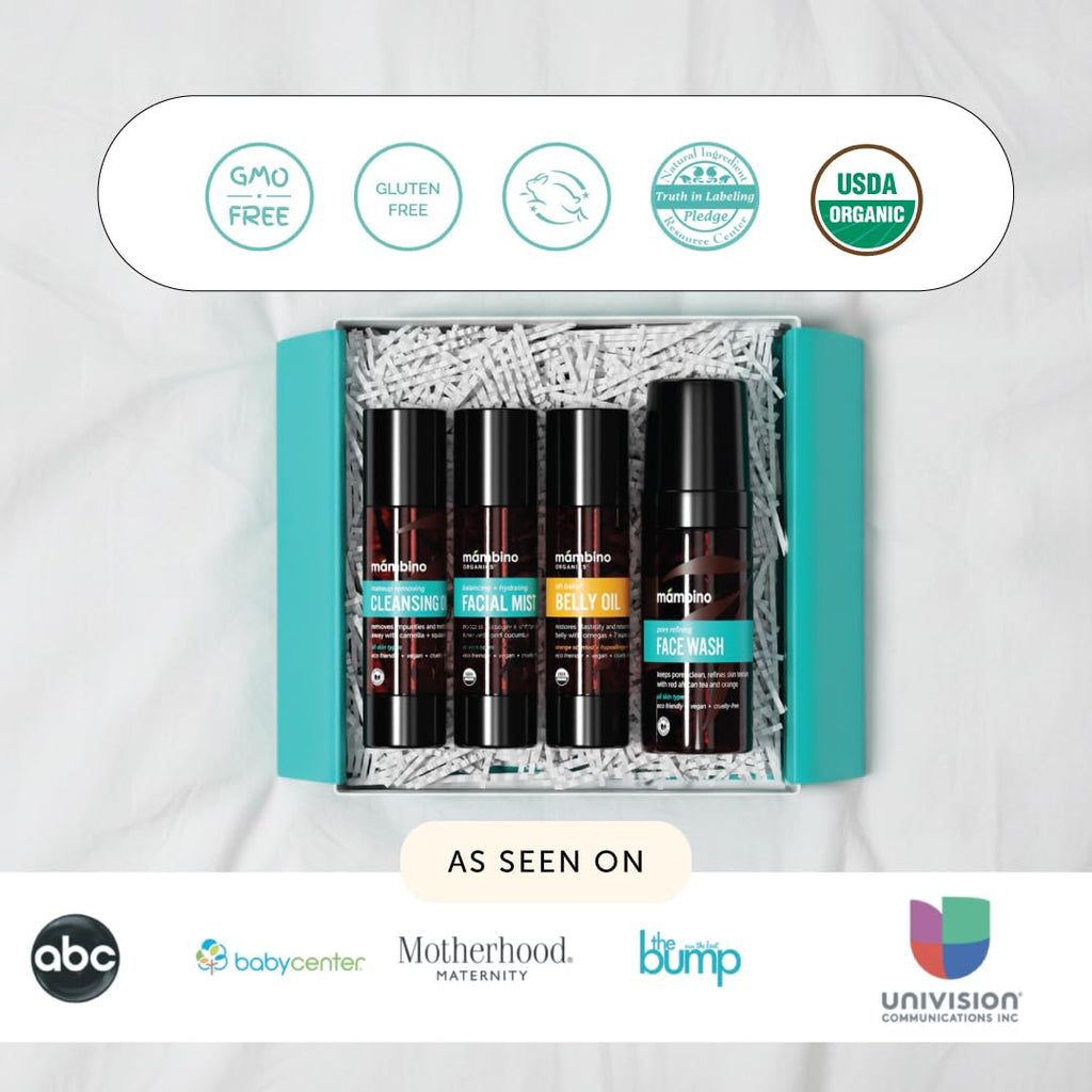 Mambino Organics Third Trimester Skincare Set – Pregnancy Kit with Belly Oil, Rose Mist, Cleansing Oil & Face Wash