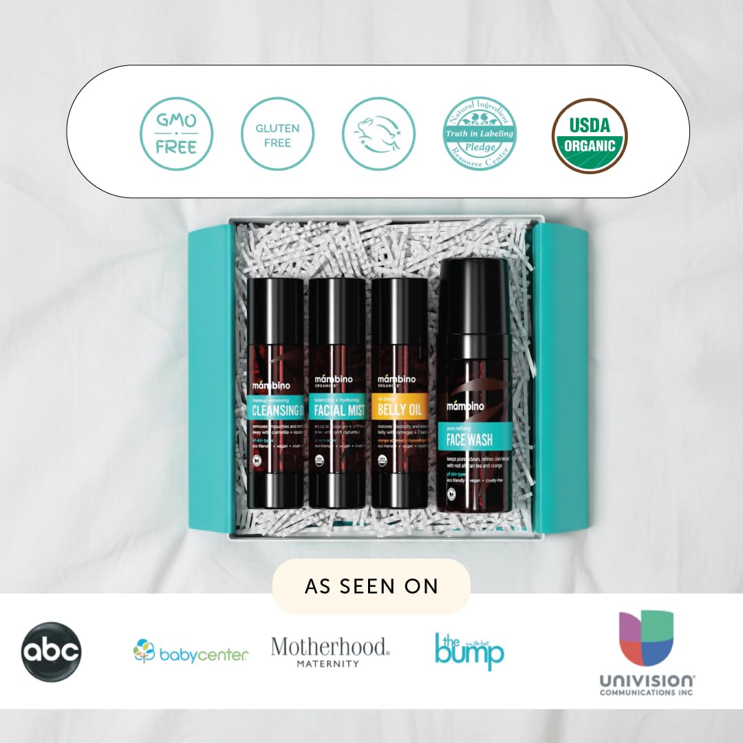 Mambino Organics Third Trimester Skincare Set – Pregnancy Kit with Belly Oil, Rose Mist, Cleansing Oil & Face Wash