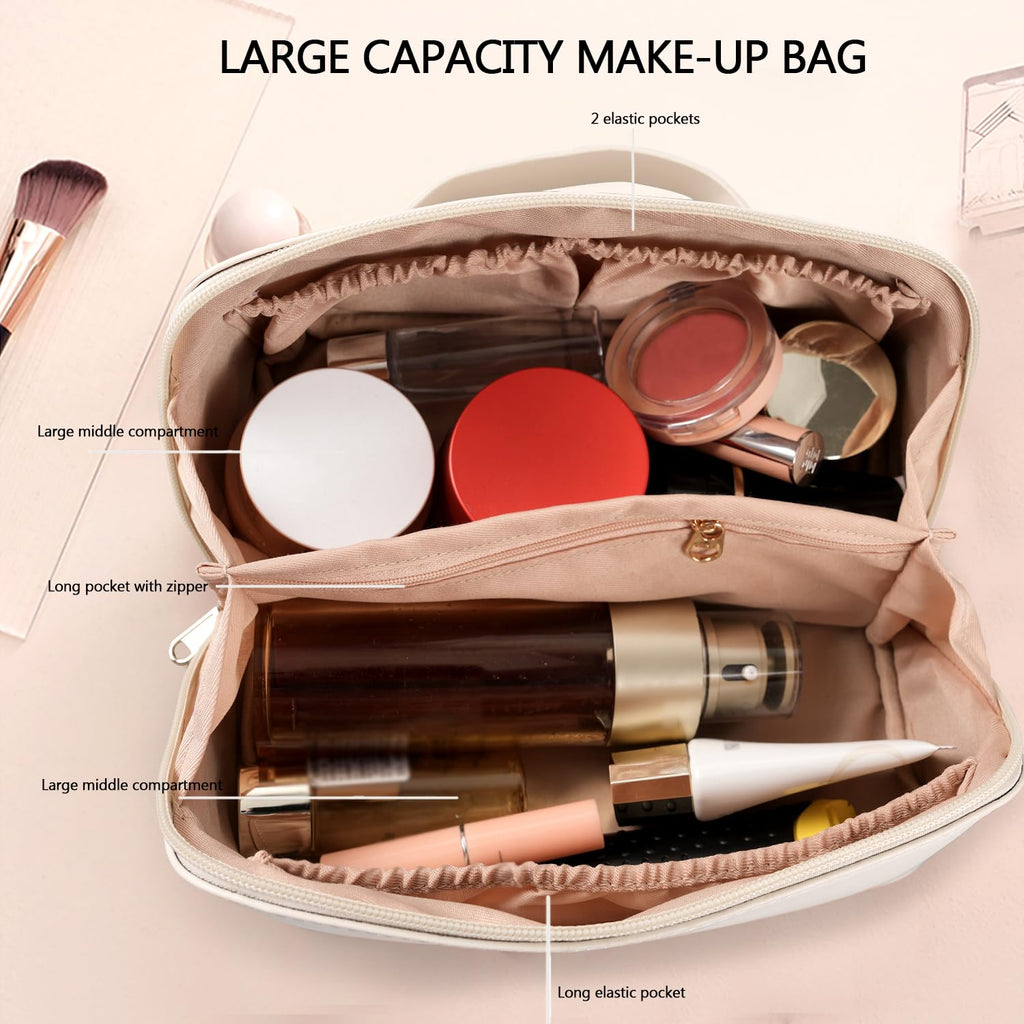 MAMUNU Large Capacity Cosmetic Bag — Travel Makeup Case with Handle, 6 Compartments (White)