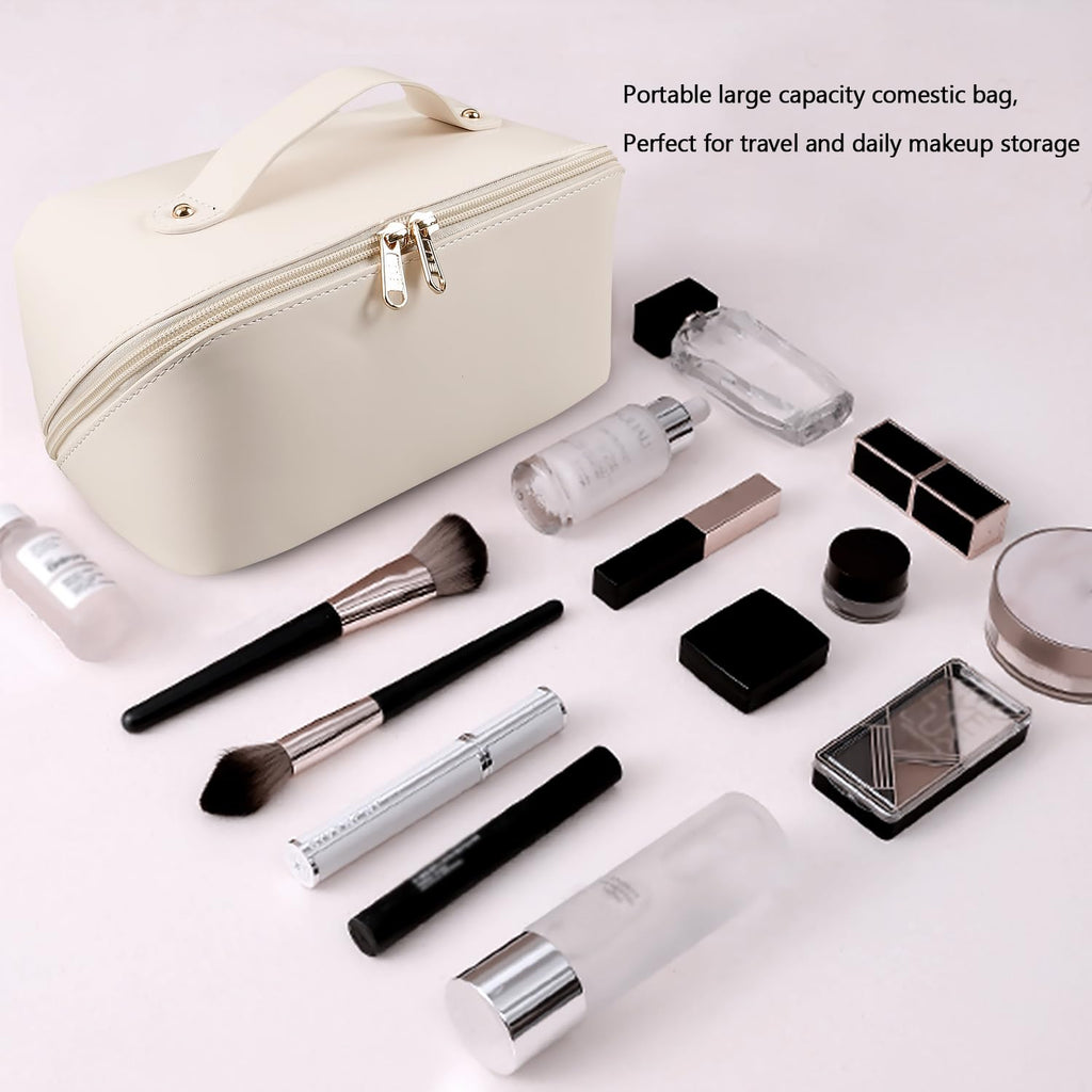 MAMUNU Large Capacity Cosmetic Bag — Travel Makeup Case with Handle, 6 Compartments (White)