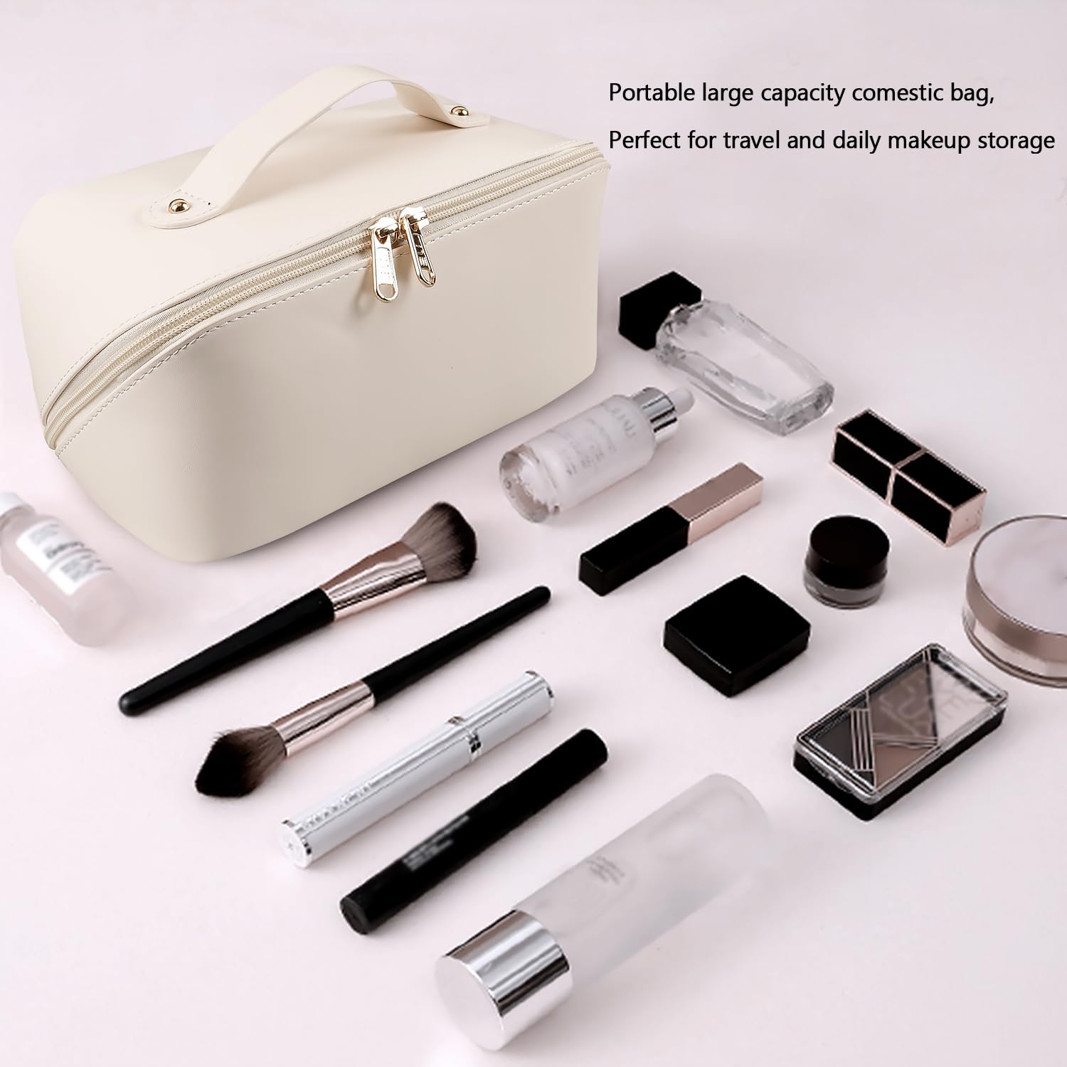 MAMUNU Large Capacity Cosmetic Bag — Travel Makeup Case with Handle, 6 Compartments (White)