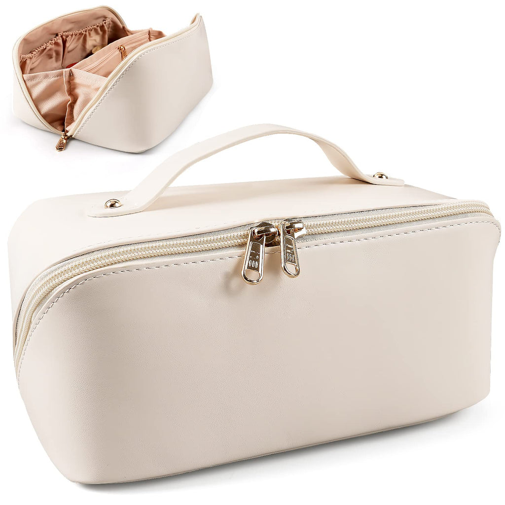 MAMUNU Large Capacity Cosmetic Bag — Travel Makeup Case with Handle, 6 Compartments (White)