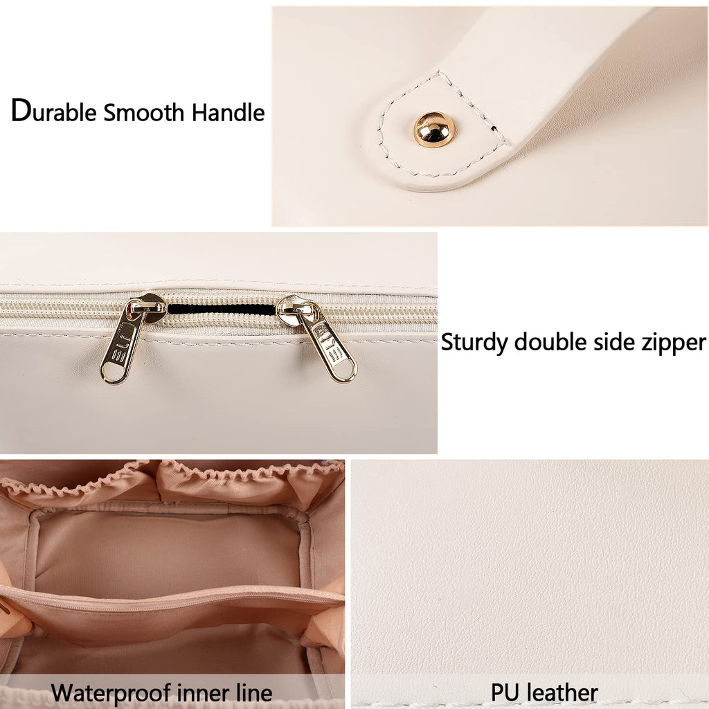 MAMUNU Large Capacity Cosmetic Bag — Travel Makeup Case with Handle, 6 Compartments (White)
