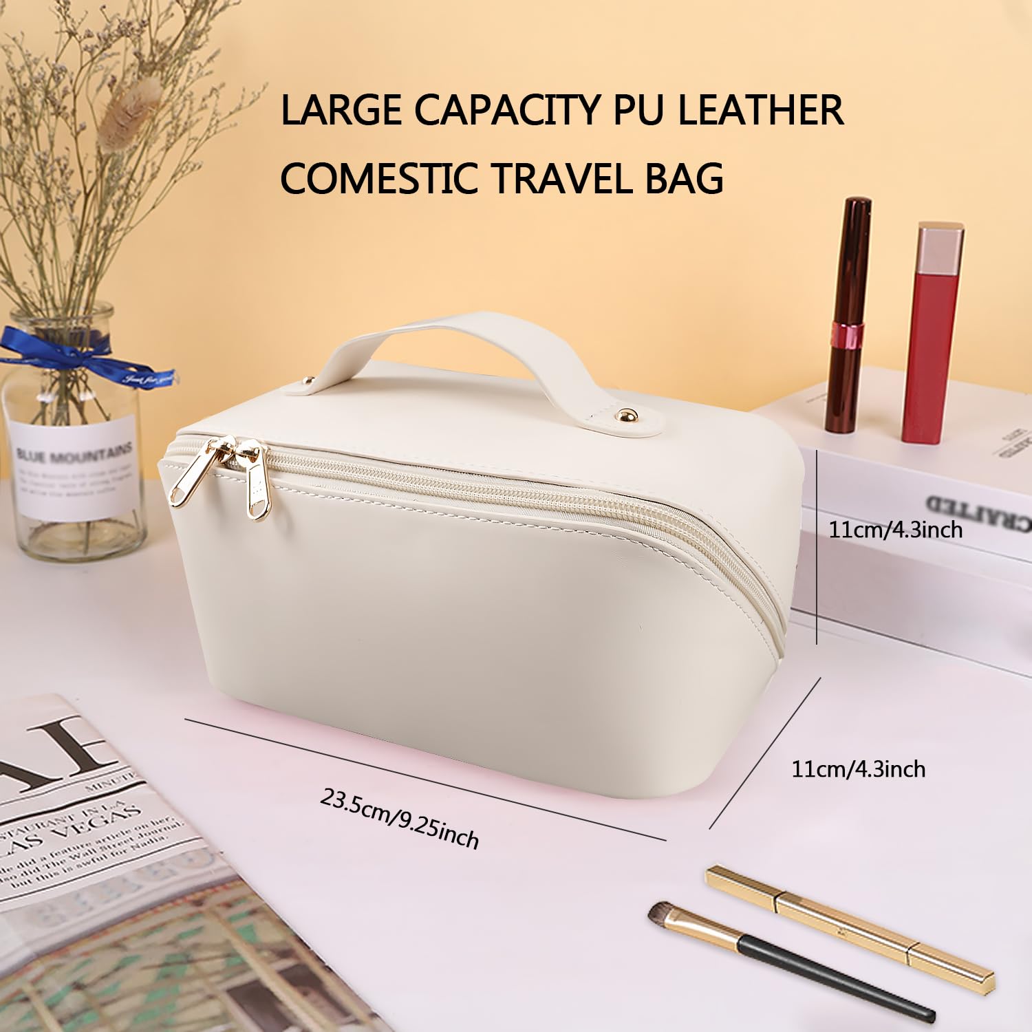 MAMUNU Large Capacity Cosmetic Bag — Travel Makeup Case with Handle, 6 Compartments (White)