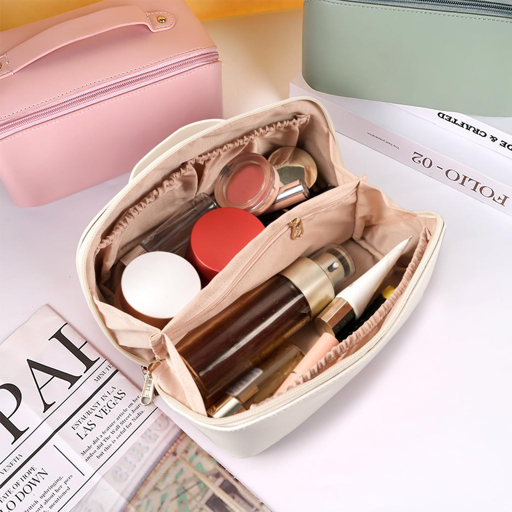 MAMUNU Large Capacity Cosmetic Bag — Travel Makeup Case with Handle, 6 Compartments (White)