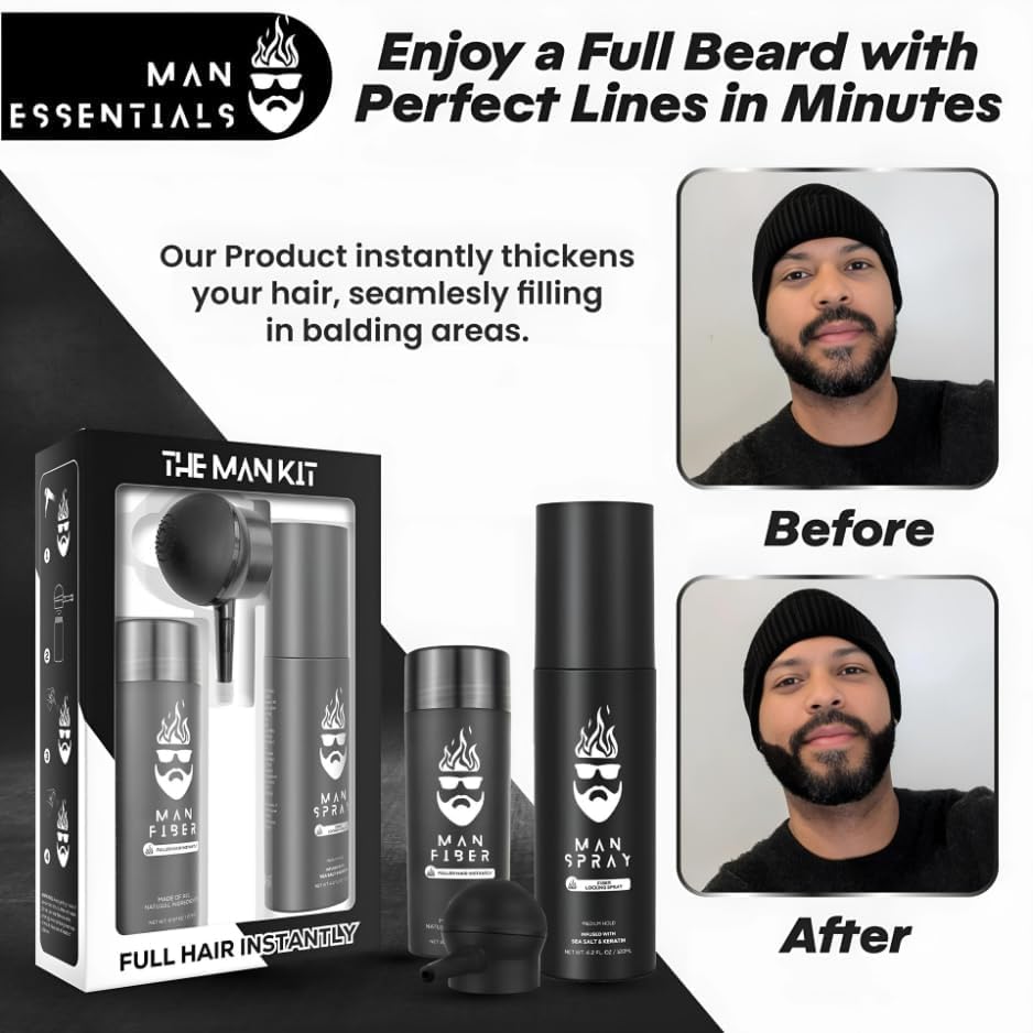 Man Essentials Hair Thickening Fibers (Black) + Locking Spray Kit | Fuller Hair & Beard | Hair Set by The Man Kit
