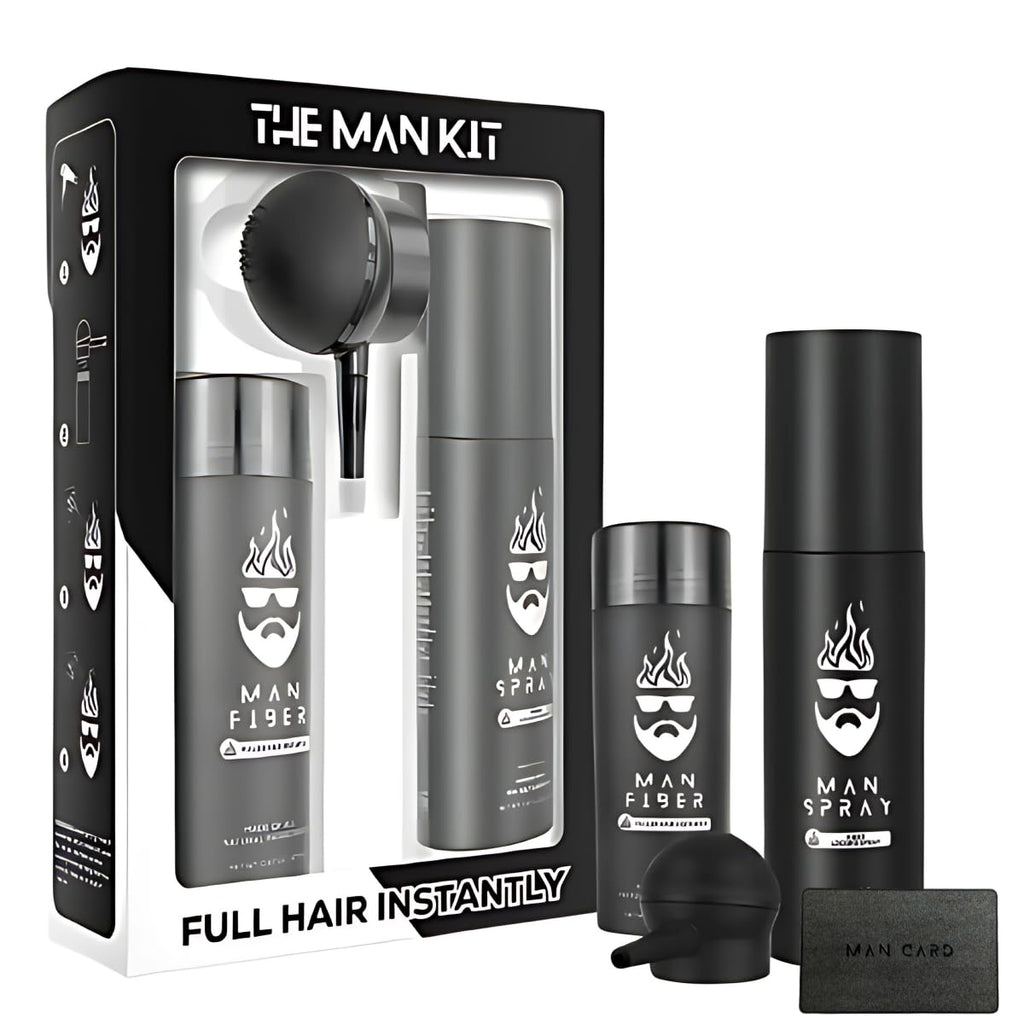 Man Essentials Hair Thickening Fibers (Black) + Locking Spray Kit | Fuller Hair & Beard | Hair Set by The Man Kit