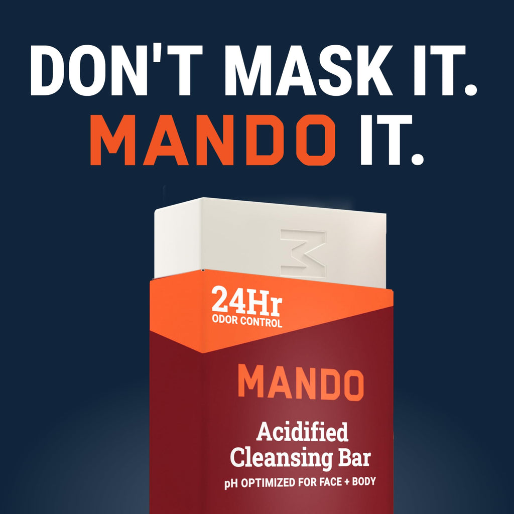 Mando 4-in-1 Acidified Cleansing Bar – 24-Hour Odor Control – Moisturizing & Gentle (Pack of 2) – Bourbon Leather & Mt Fuji