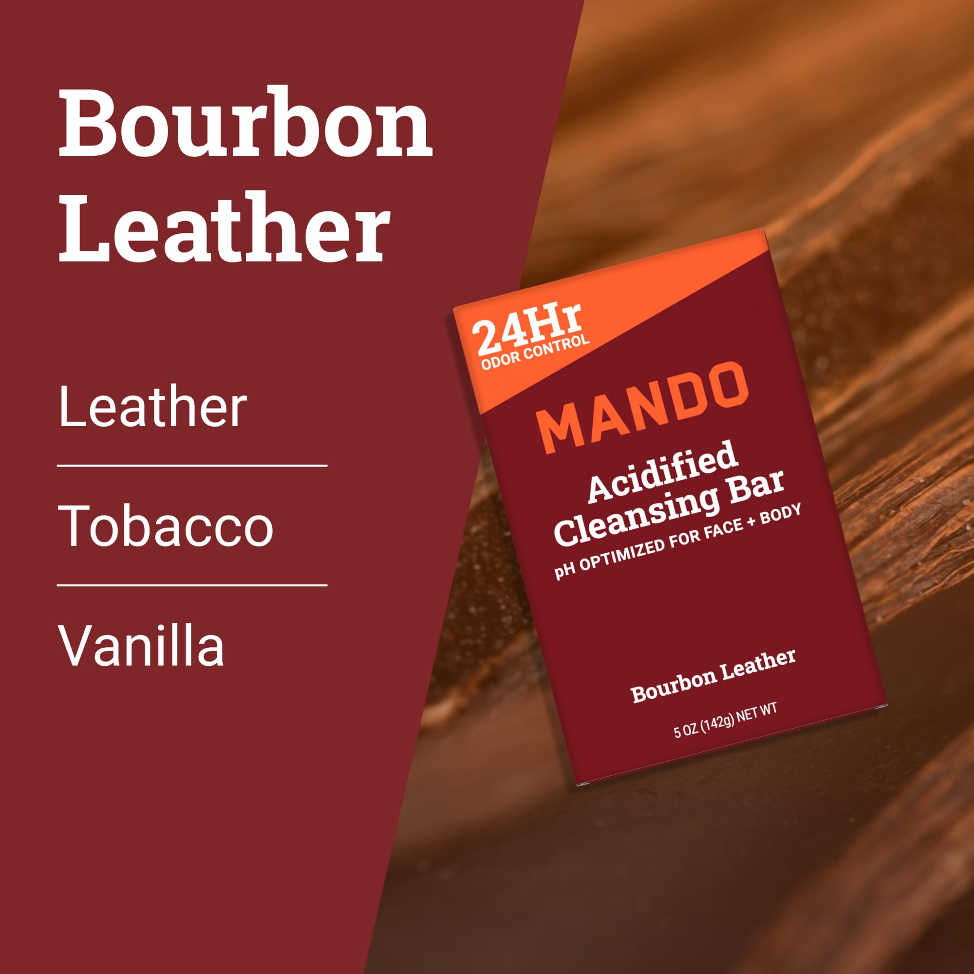 Mando 4-in-1 Acidified Cleansing Bar – 24-Hour Odor Control – Moisturizing & Gentle (Pack of 2) – Bourbon Leather & Mt Fuji