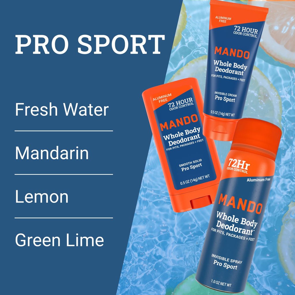 Mando Whole Body Deodorant Mini Trio – Solid Stick, Invisible Cream & Spray – 72HR Odor Control – Aluminum & Baking Soda Free – Pro Sport Scent