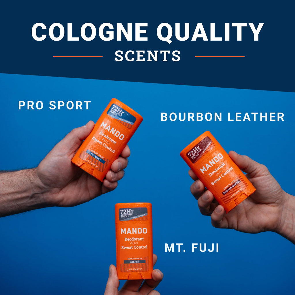 Mando Antiperspirant Deodorant for Men – Extra Strength 72-Hour Odor & Sweat Protection – Baking Soda Free – 3 Pack (Bourbon Leather, Pro Sport, Mt Fuji)