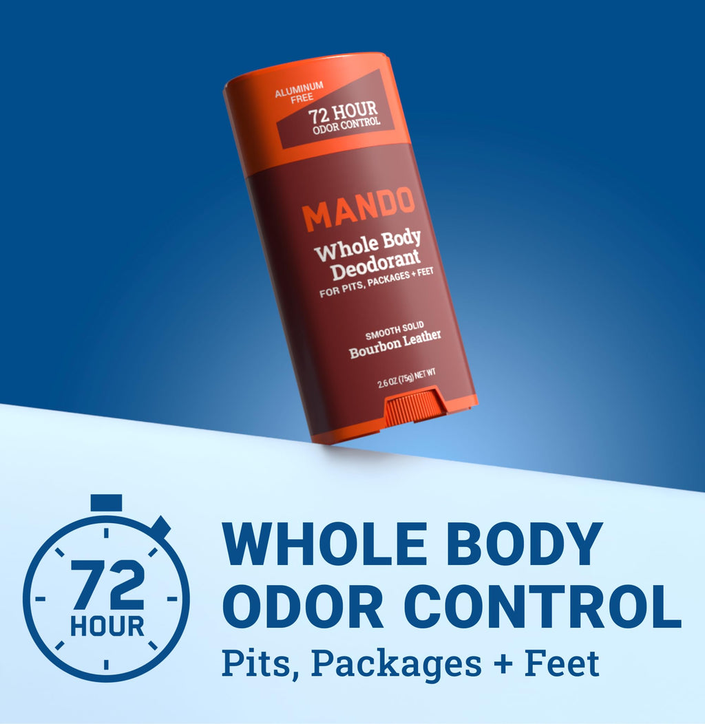 Mando Smooth Solid Stick (2.6 oz) + Acidified Body Wash (1.5 oz) – All-Day Odor Control, Bourbon Leather