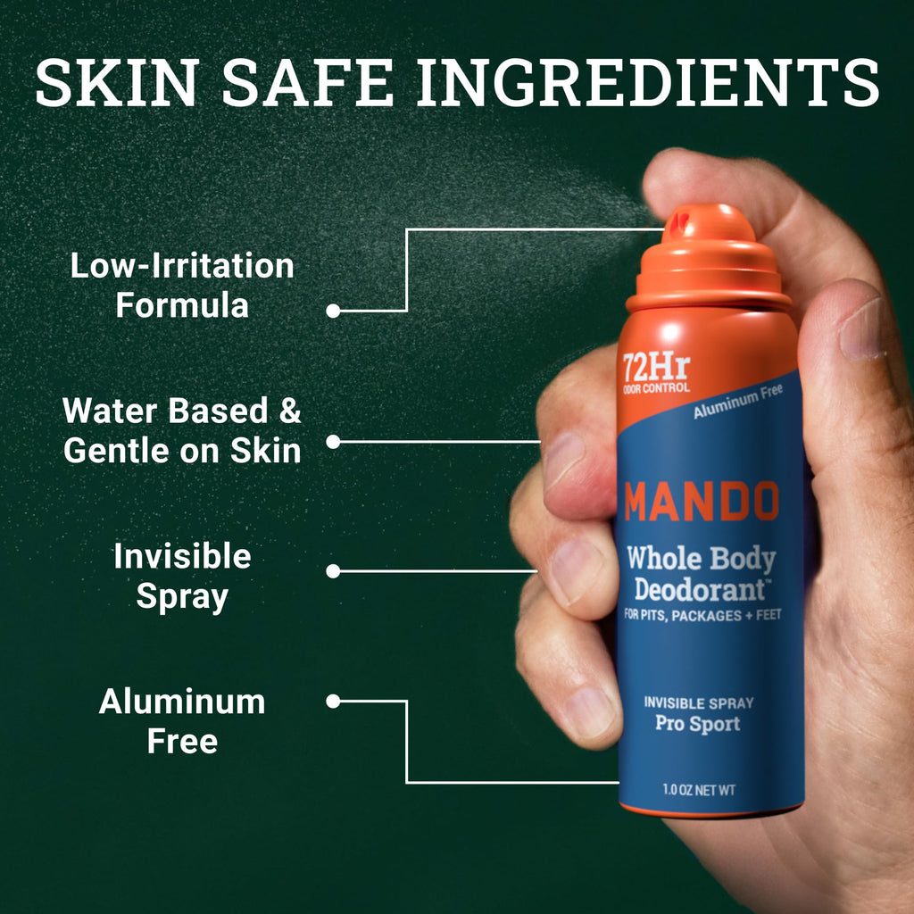 Mando Whole Body Deodorant Mini Trio – Solid Stick, Invisible Cream & Spray – 72HR Odor Control – Aluminum & Baking Soda Free – Pro Sport Scent