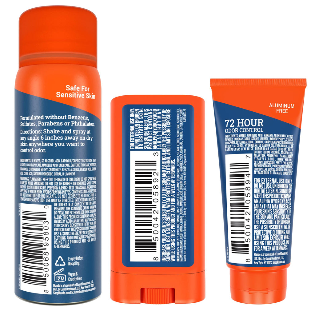 Mando Whole Body Deodorant Mini Trio – Solid Stick, Invisible Cream & Spray – 72HR Odor Control – Aluminum & Baking Soda Free – Pro Sport Scent