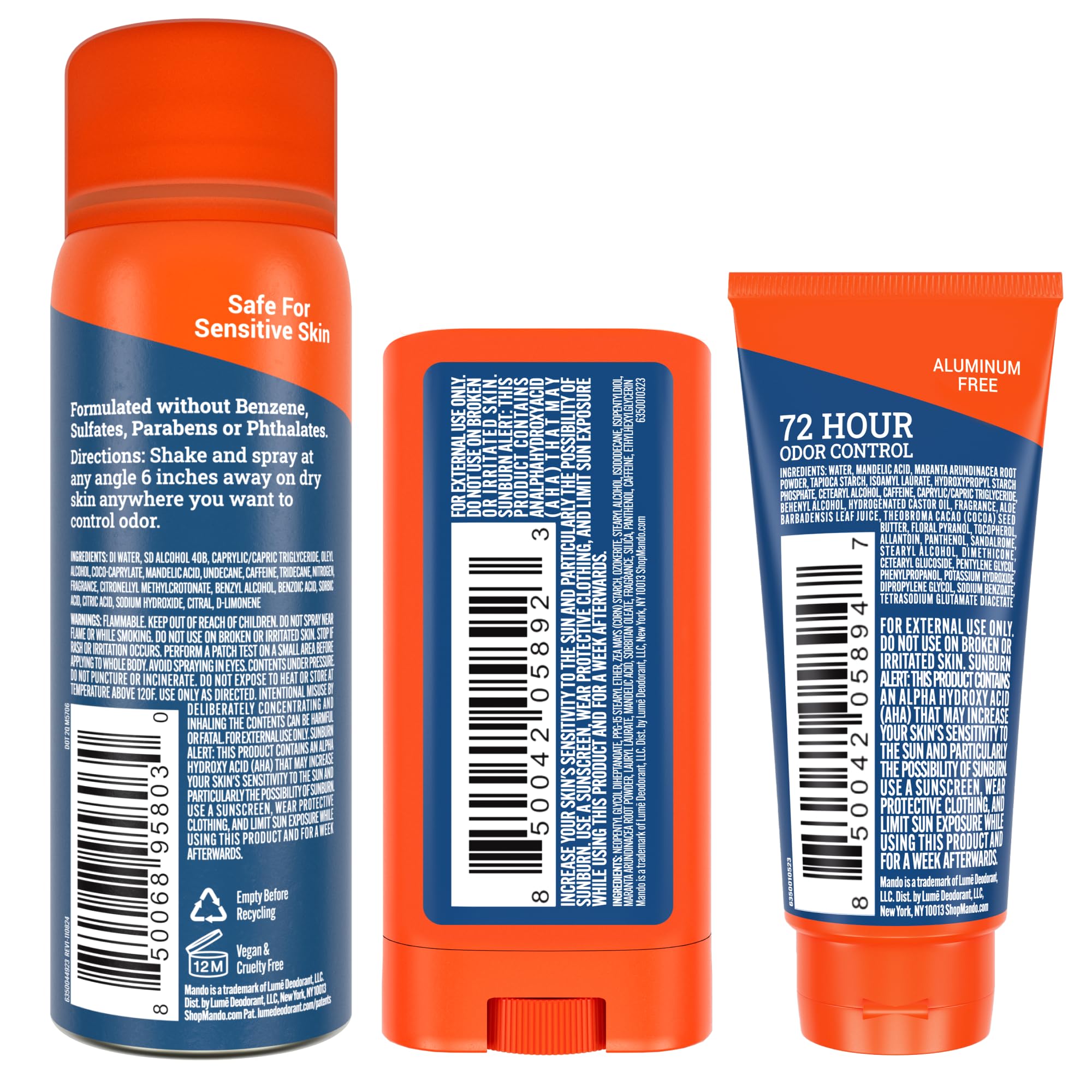 Mando Whole Body Deodorant Mini Trio – Solid Stick, Invisible Cream & Spray – 72HR Odor Control – Aluminum & Baking Soda Free – Pro Sport Scent