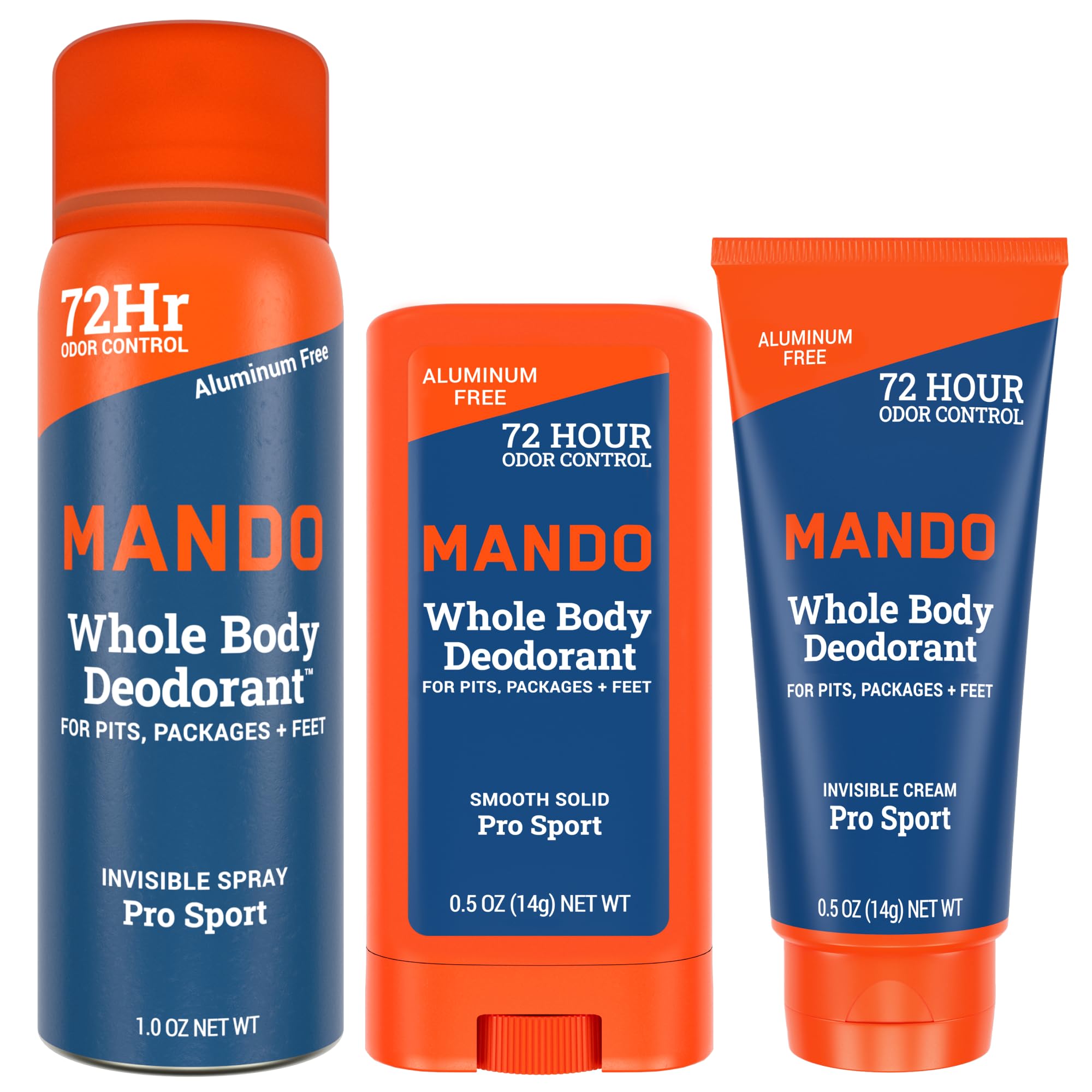 Mando Whole Body Deodorant Mini Trio – Solid Stick, Invisible Cream & Spray – 72HR Odor Control – Aluminum & Baking Soda Free – Pro Sport Scent