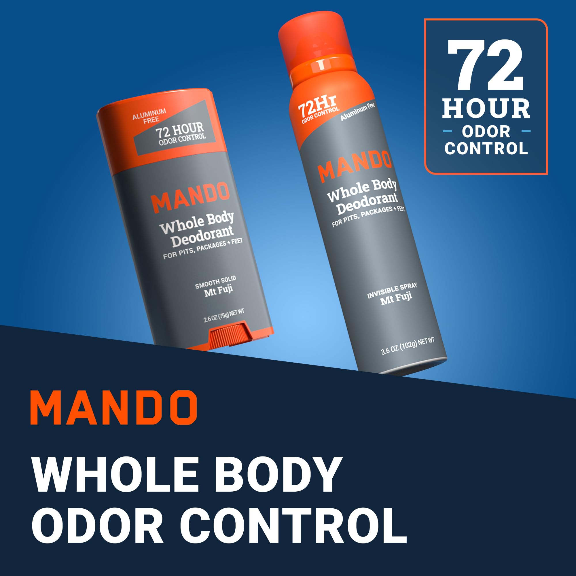 Mando Whole Body Deodorant Two-Piece System (Mt Fuji) — 2.6 oz Solid Stick & 3.6 oz Spray, Aluminum & Baking Soda Free