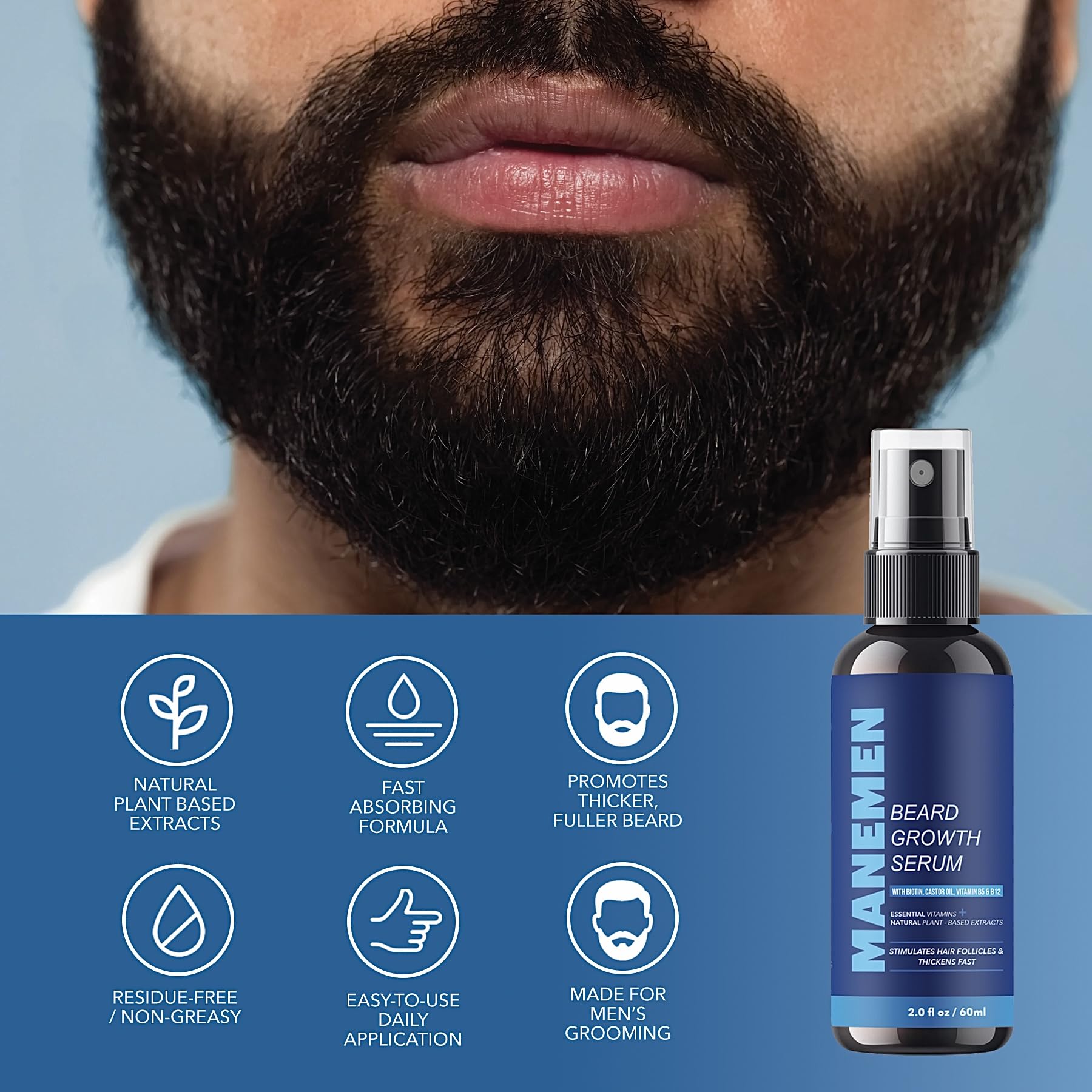 MANEMEN Beard Growth Serum Spray - Biotin, Castor Oil & Vitamins B5/B12