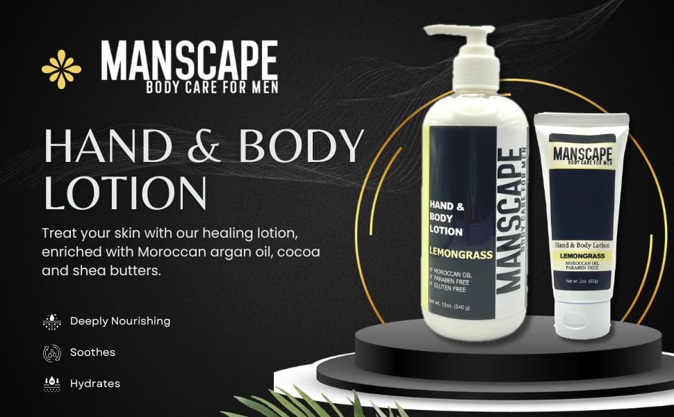 MANSCAPE Hand and Body Lotion | Paraben-Free, Moroccan Argan Oil, Lemongrass | 12 oz
