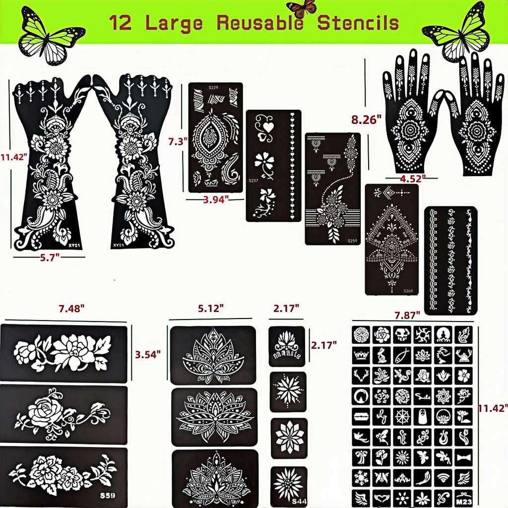 ManYan HaiYan Temporary Tattoos Kit – 12 Large Stencils, 78 Designs, DIY Body Art with 6 Ink Colors