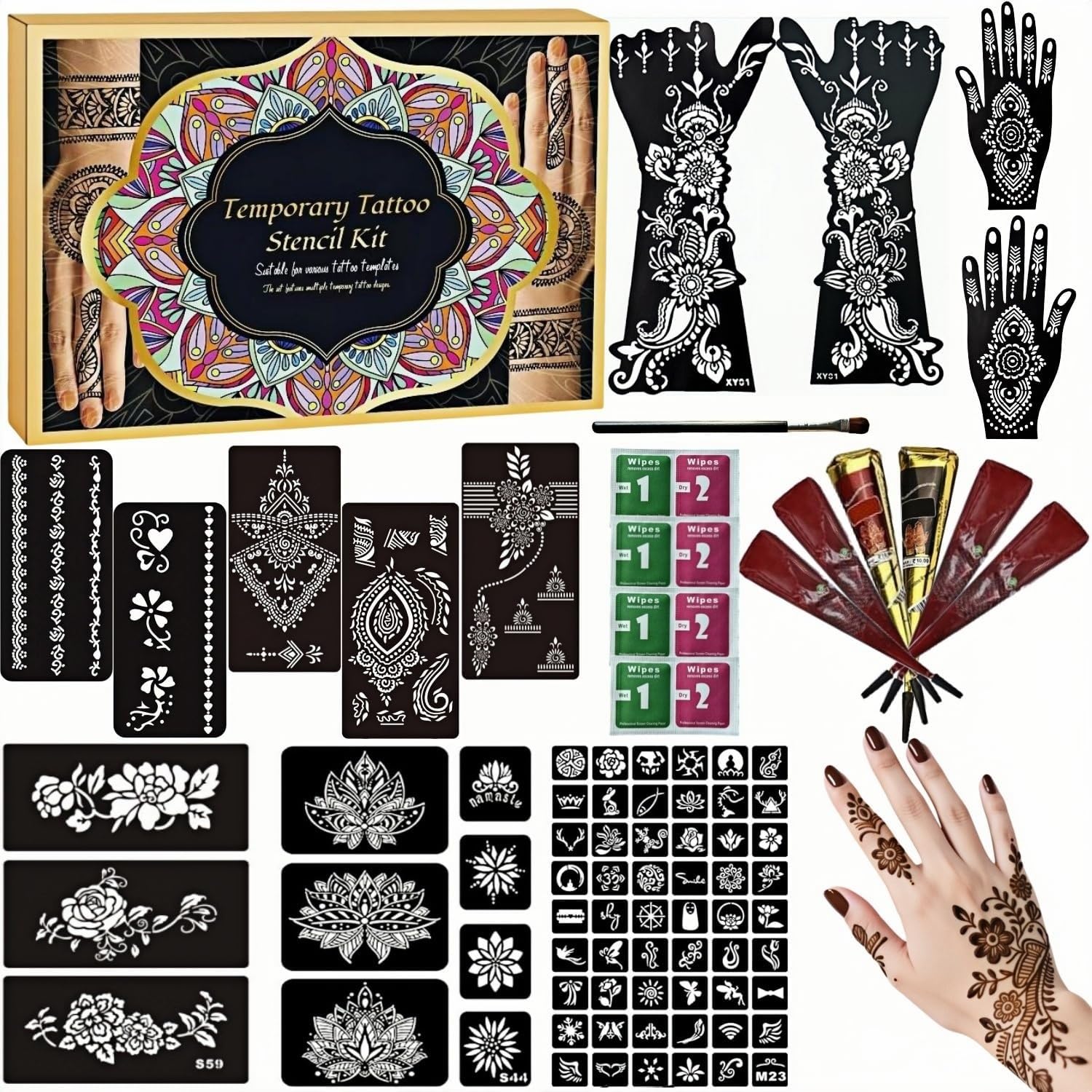 ManYan HaiYan Temporary Tattoos Kit – 12 Large Stencils, 78 Designs, DIY Body Art with 6 Ink Colors