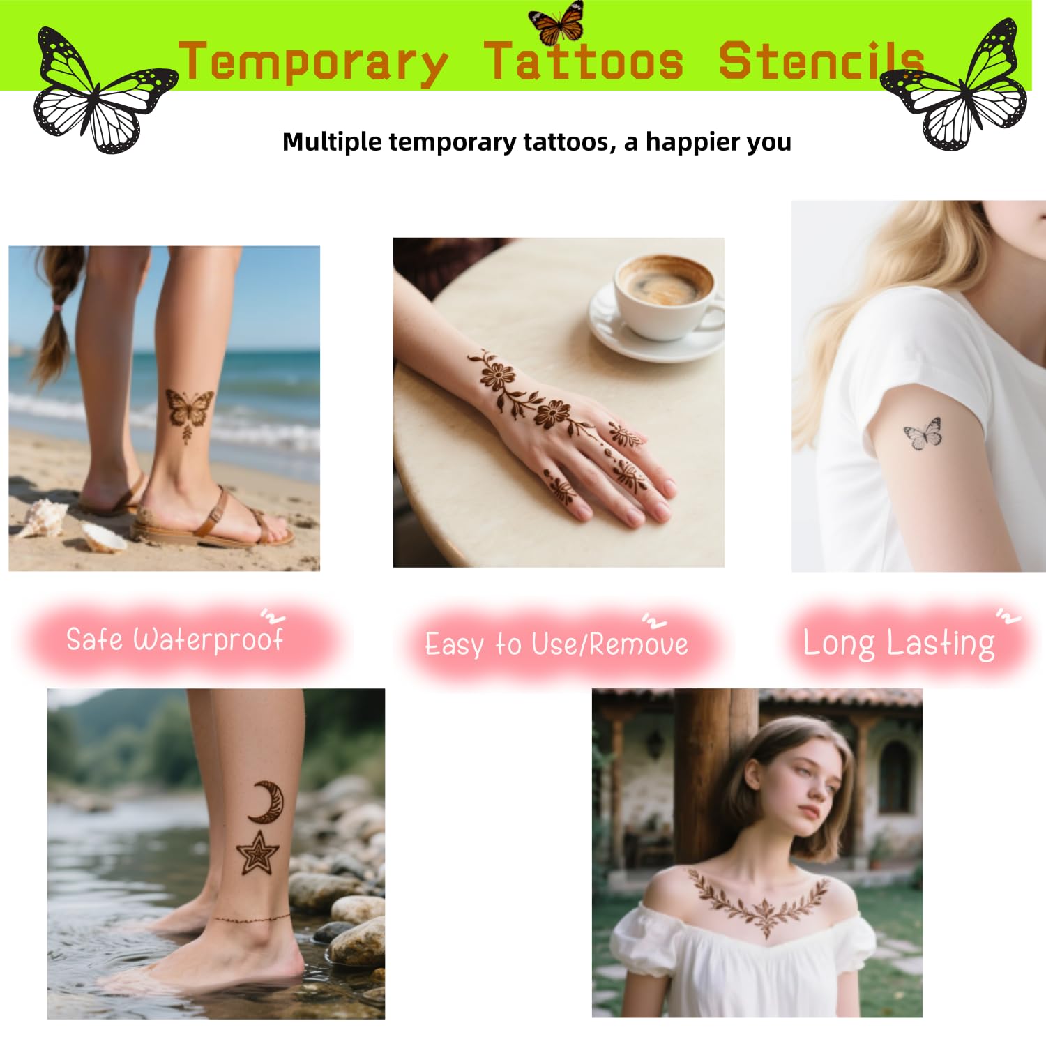 ManYan HaiYan Temporary Tattoos Kit – 12 Large Stencils, 78 Designs, DIY Body Art with 6 Ink Colors