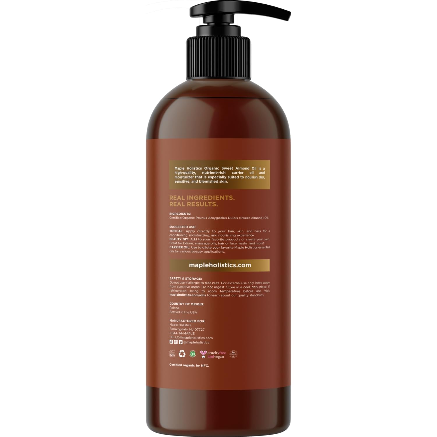Maple Holistics USDA Organic Sweet Almond Oil - Pure Cold-Pressed Oil for Skin, Hair & Nails 16oz