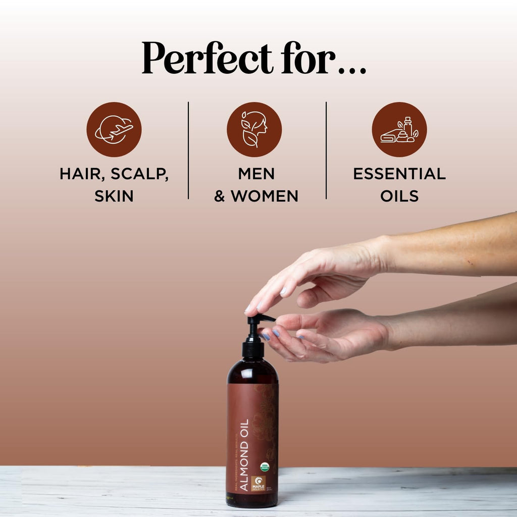 Maple Holistics USDA Organic Sweet Almond Oil - Pure Cold-Pressed Oil for Skin, Hair & Nails 16oz
