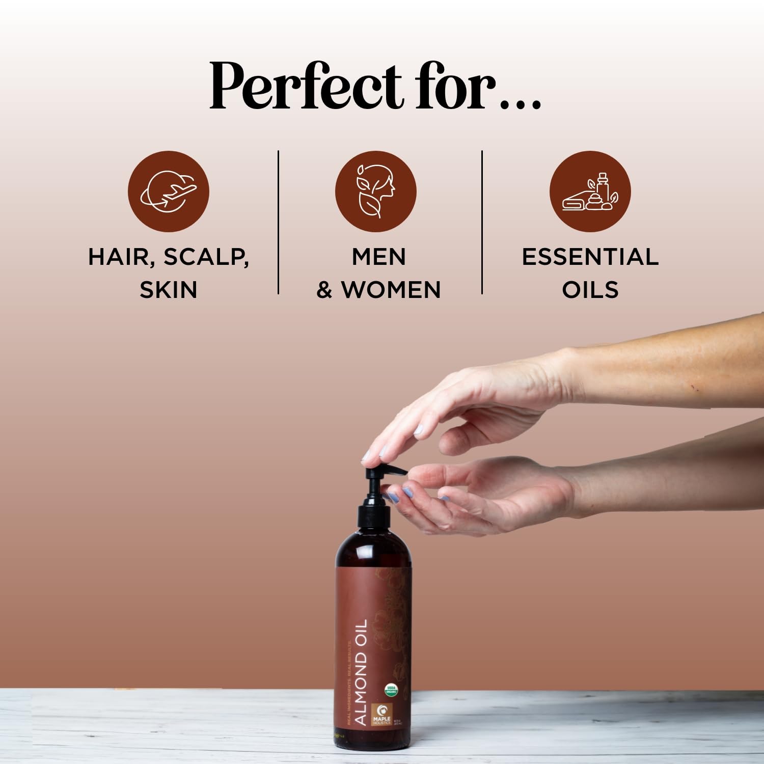 Maple Holistics USDA Organic Sweet Almond Oil - Pure Cold-Pressed Oil for Skin, Hair & Nails 16oz