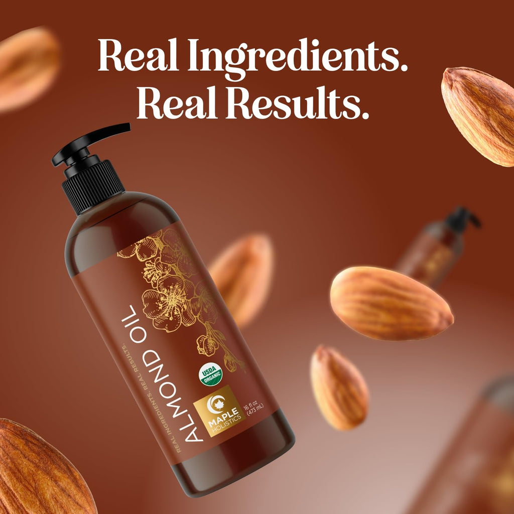 Maple Holistics USDA Organic Sweet Almond Oil - Pure Cold-Pressed Oil for Skin, Hair & Nails 16oz
