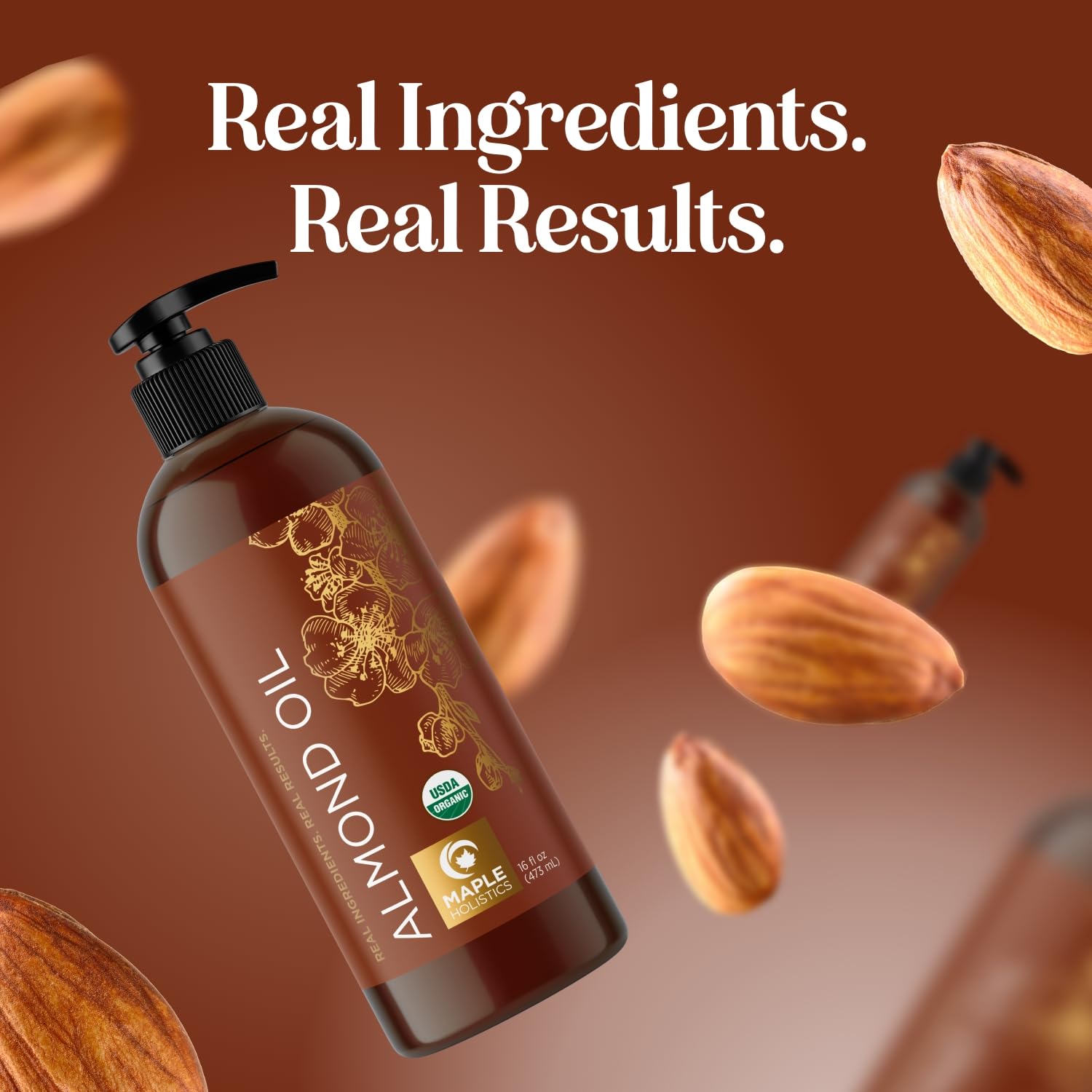 Maple Holistics USDA Organic Sweet Almond Oil - Pure Cold-Pressed Oil for Skin, Hair & Nails 16oz