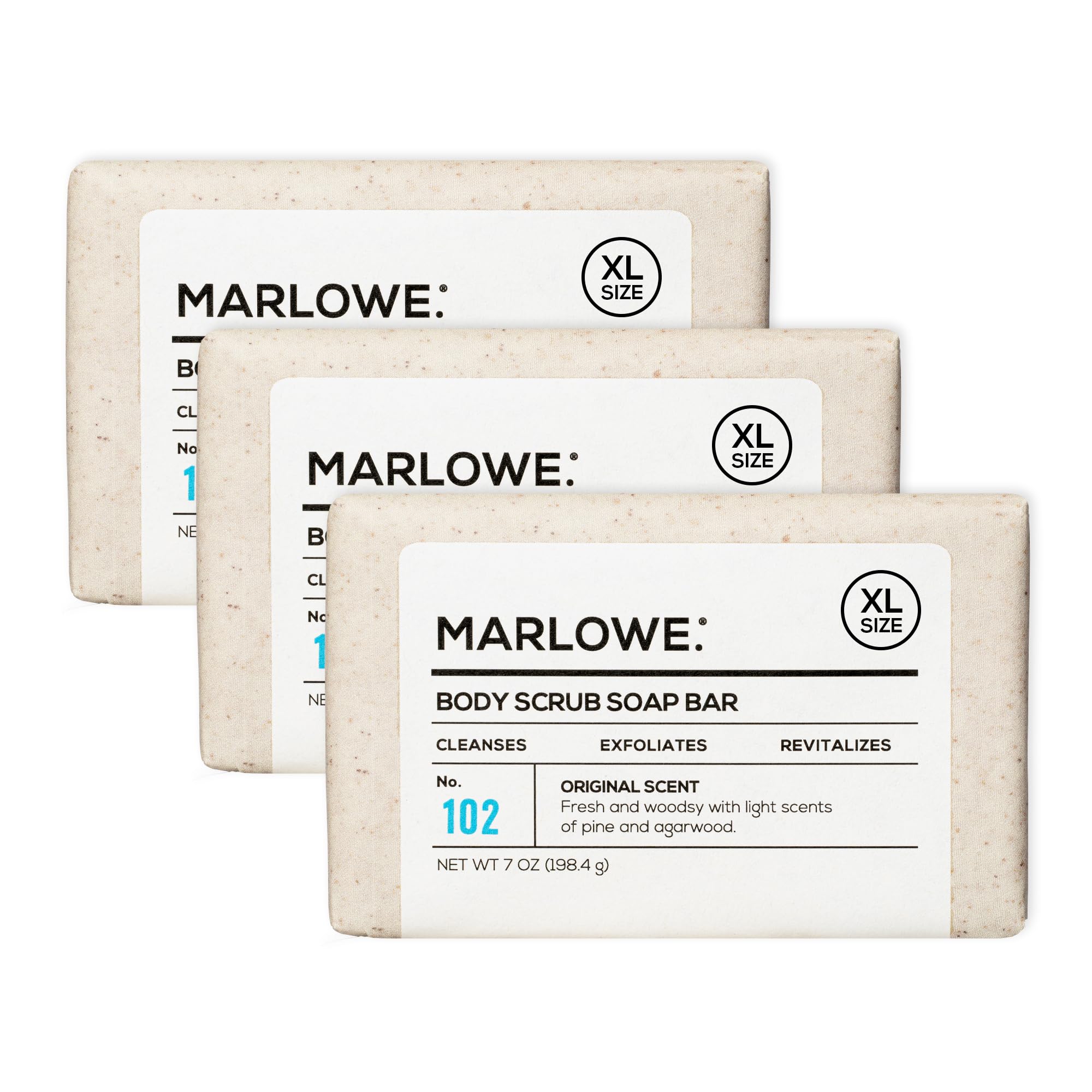 MARLOWE No. 102 Body Scrub Soap — 7 oz, Exfoliating Bar with Shea Butter, Olive Oil & Green Tea