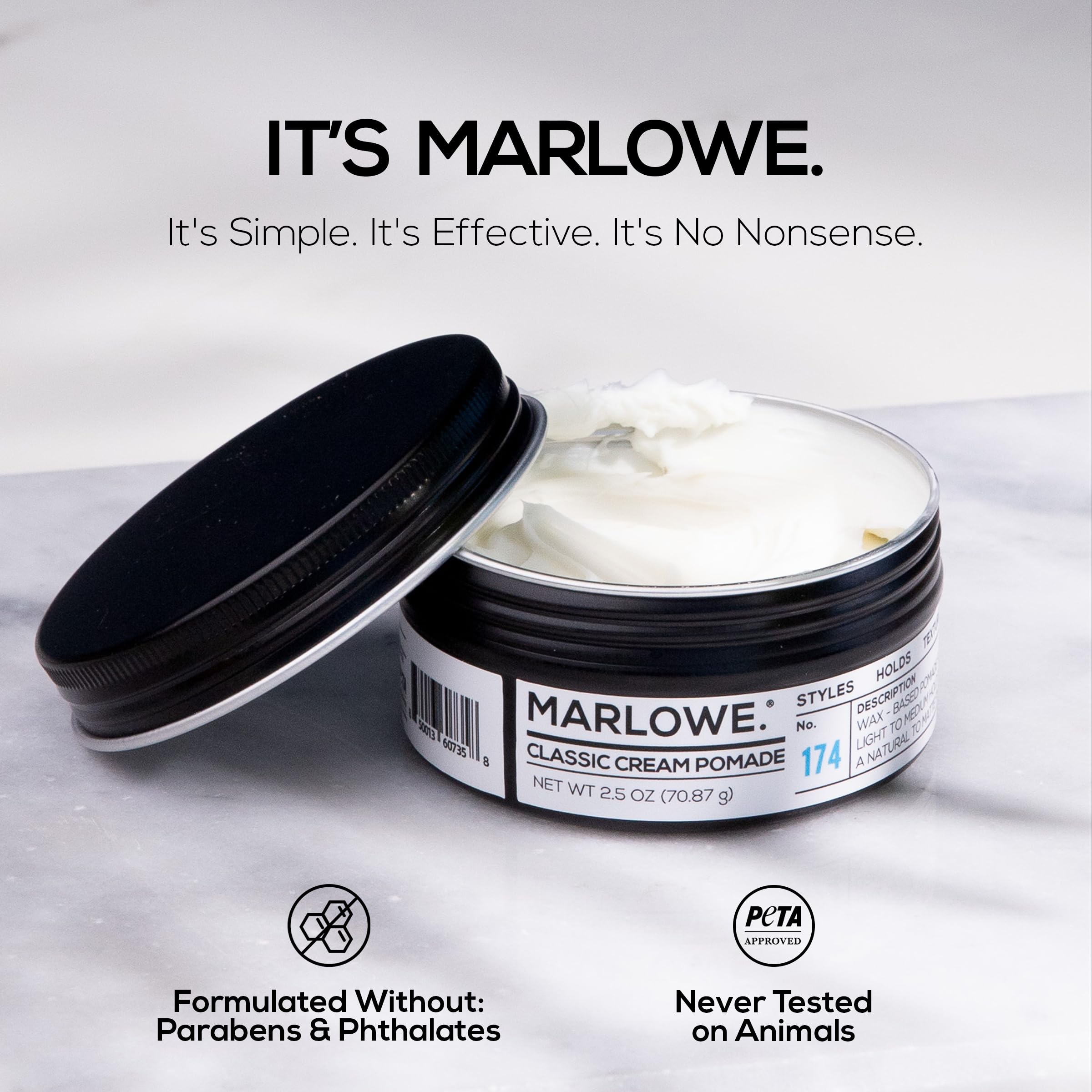 MARLOWE. No. 174 Classic Cream Pomade — 2.5 oz, Light to Medium Hold, Pine & Agarwood Scent