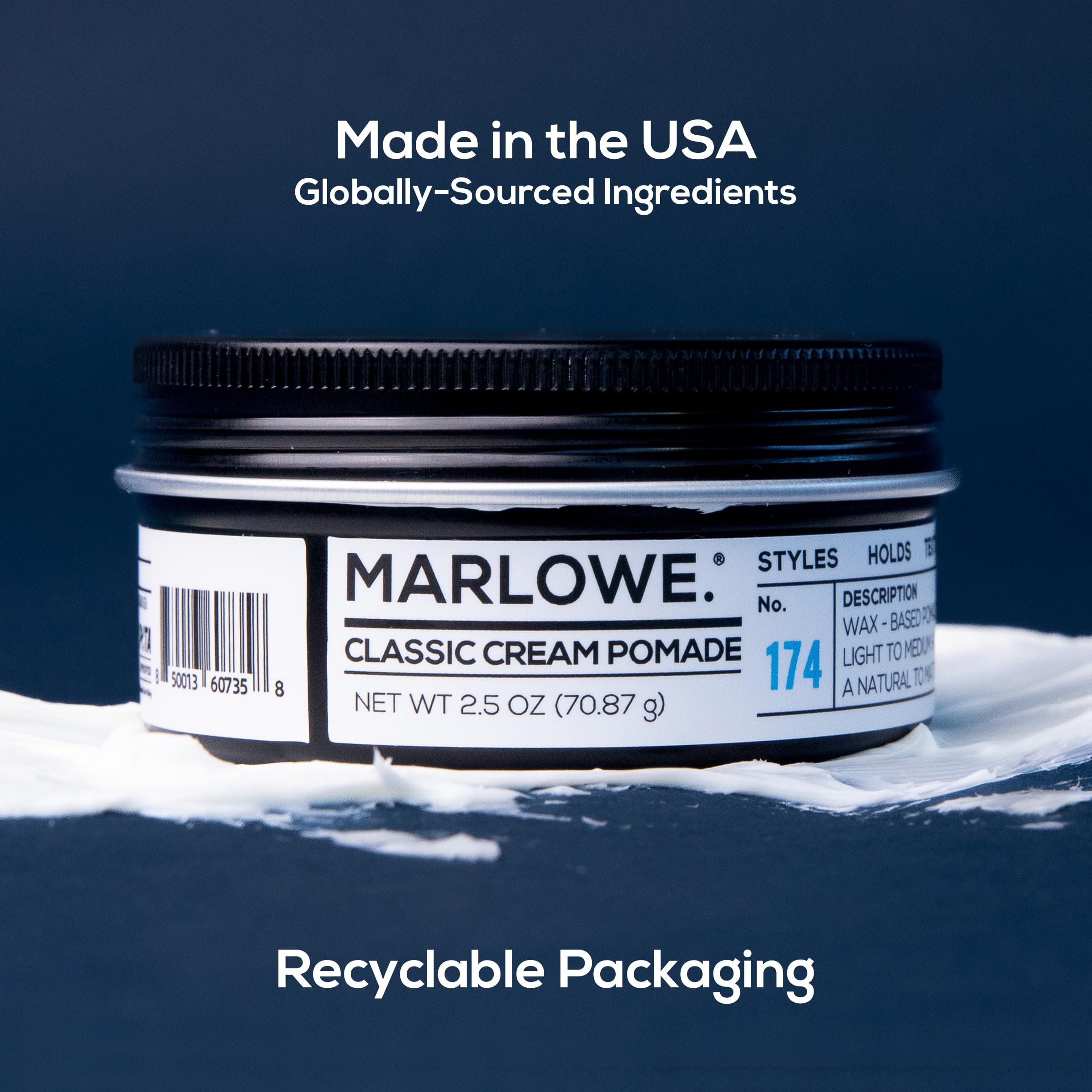 MARLOWE. No. 174 Classic Cream Pomade — 2.5 oz, Light to Medium Hold, Pine & Agarwood Scent