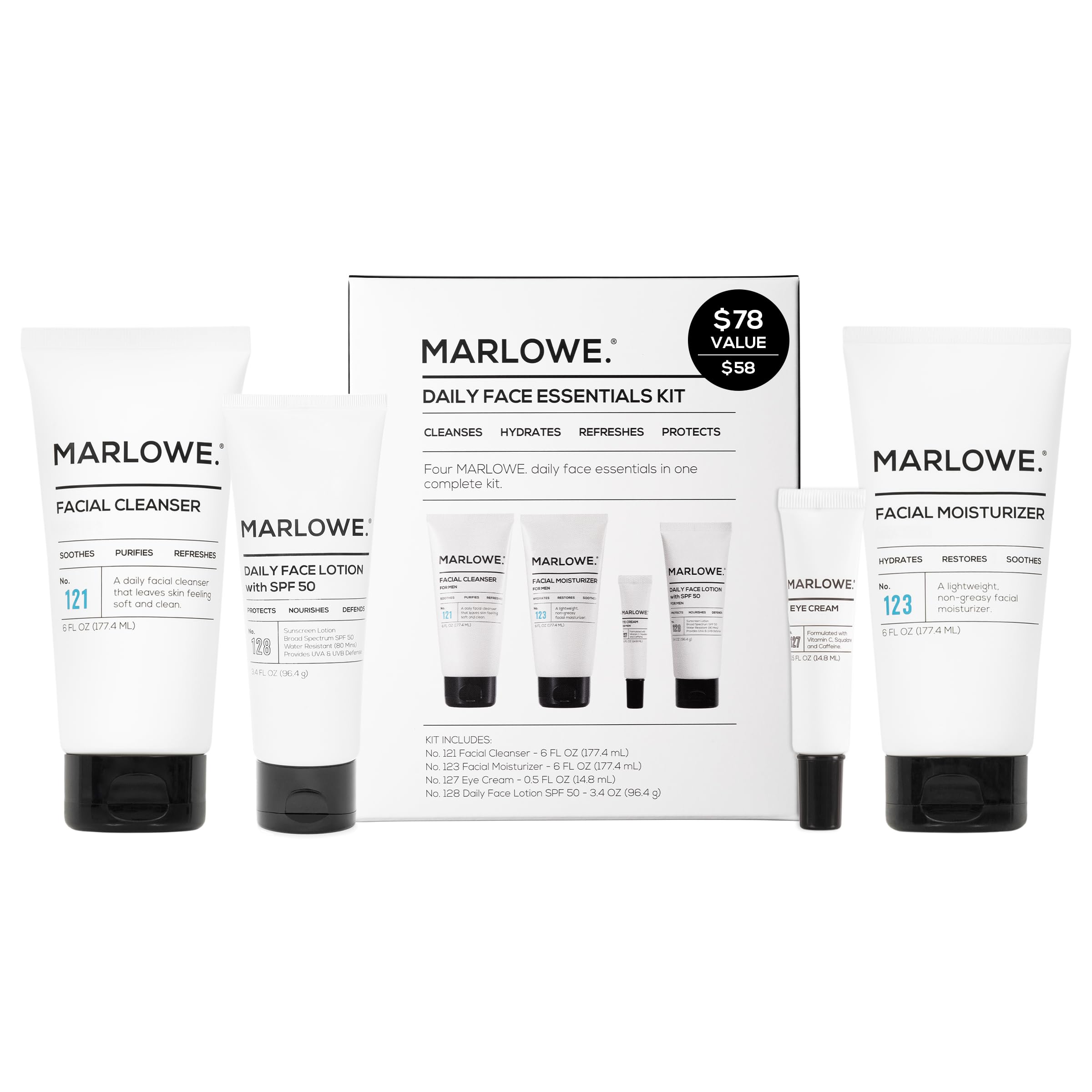 MARLOWE Men's Skin Care Set No204 Daily Essential Face Kit – Cleanser, Moisturizer, Eye Cream, SPF50 Lotion – Great Gift