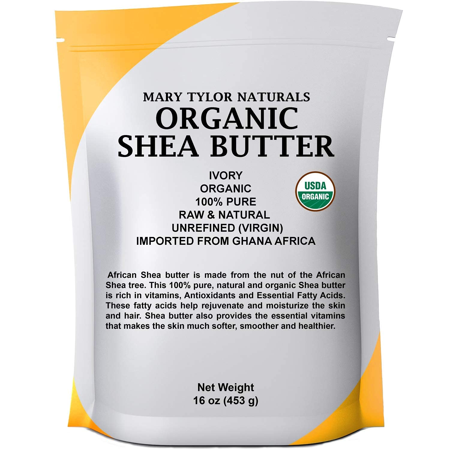 Mary Tylor Naturals Organic Shea Butter 1 lb | Raw, Unrefined Ivory from Ghana – Ideal for Hair, Skin & DIY Projects