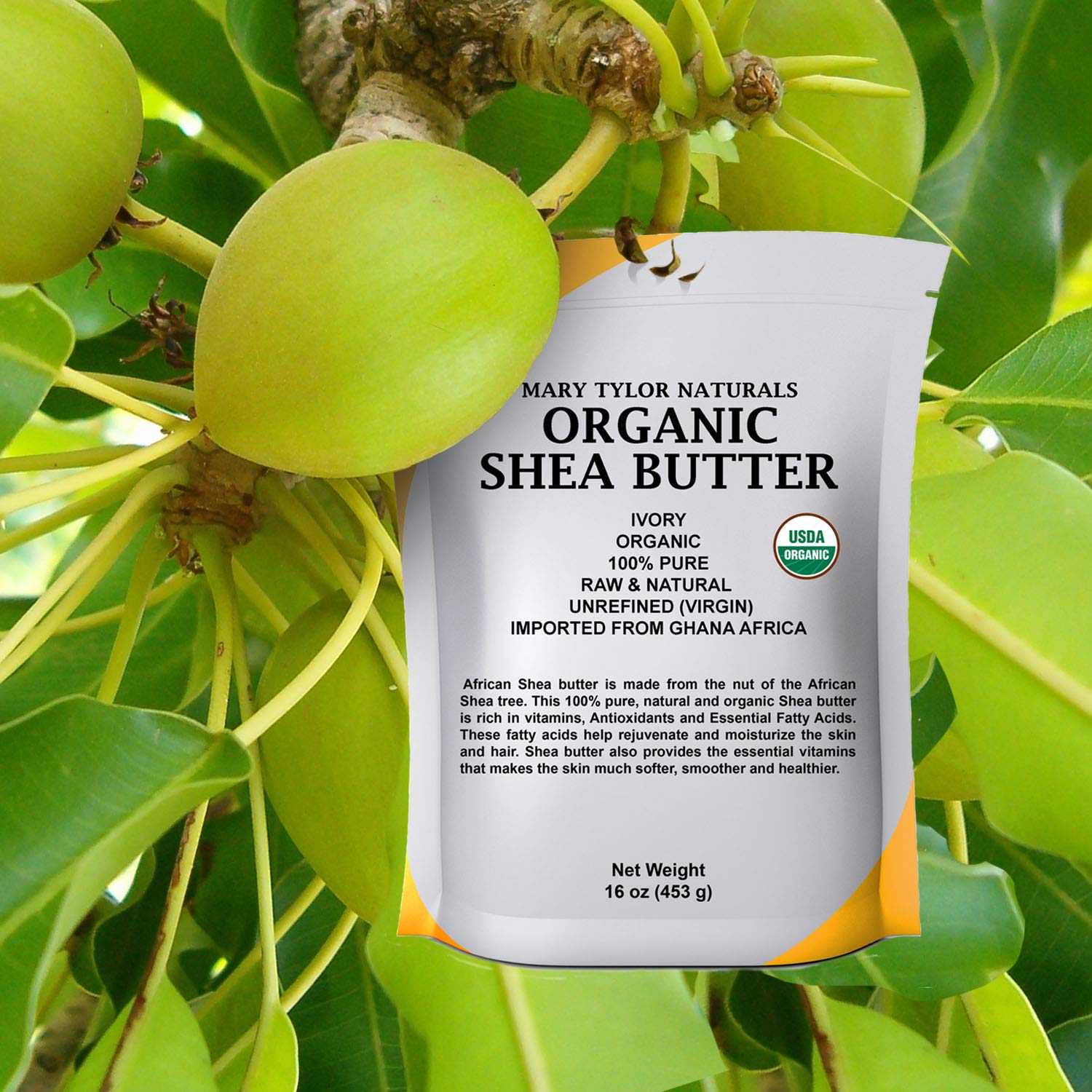 Mary Tylor Naturals Organic Shea Butter 1 lb | Raw, Unrefined Ivory from Ghana – Ideal for Hair, Skin & DIY Projects