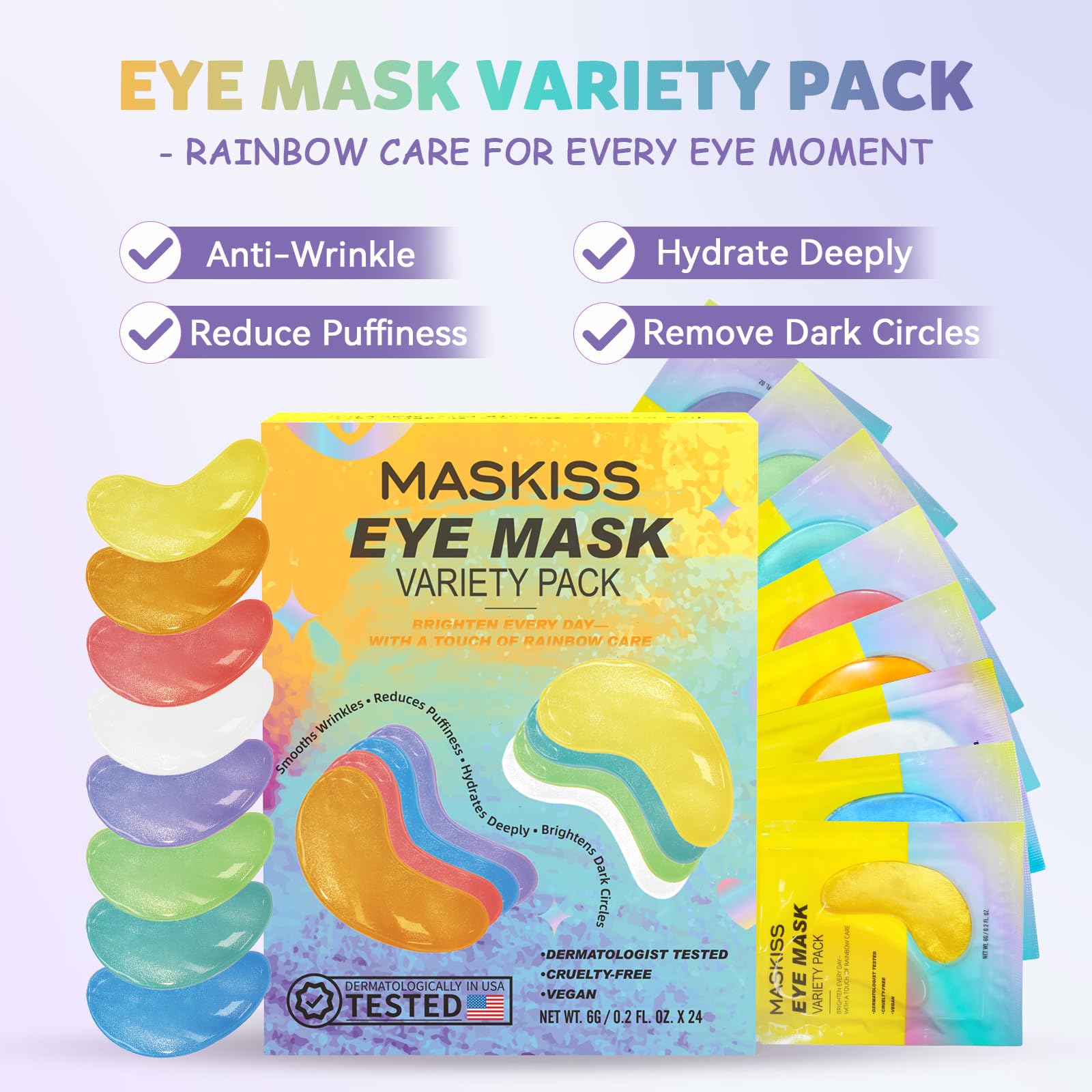 Maskiss Under Eye Patches Variety Pack (48 Pairs) – 8 Colors, 6 Pairs Each, Vegan Skincare Gift
