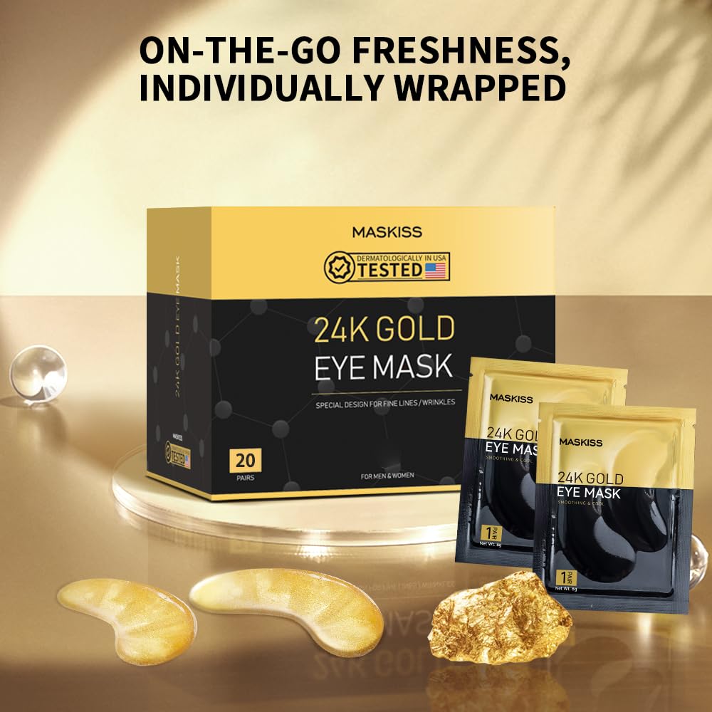 Maskiss 24k Gold Under Eye Patches – 20 Pairs | Collagen & Hyaluronic Acid for Puffy Eyes & Dark Circles