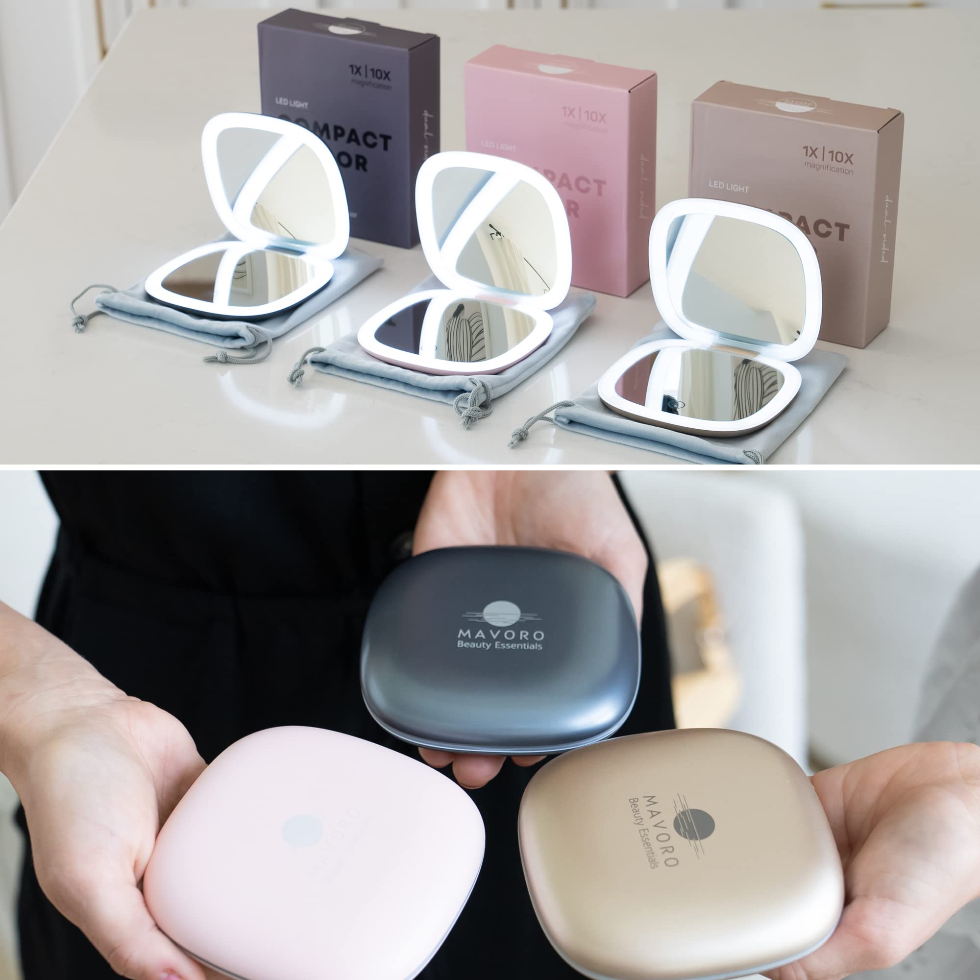 Mavoro LED Lighted Travel Mirror 1x/10x | USB-C Rechargeable | Heavenly Pink