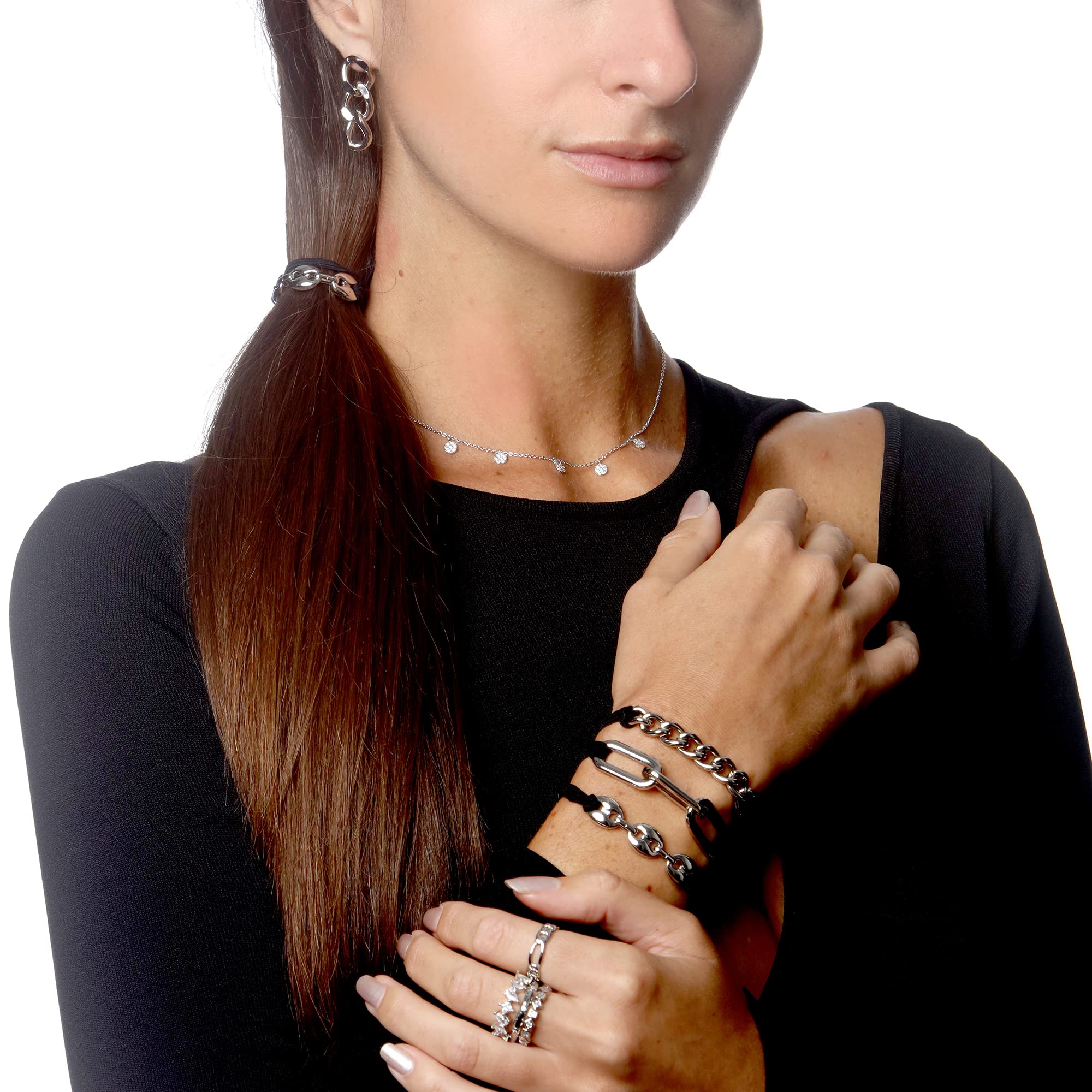 Maya J Bracelet Hair Ties – 3x 14k White Gold Hair Tie Bracelets with Black Elastic, Silver Accents