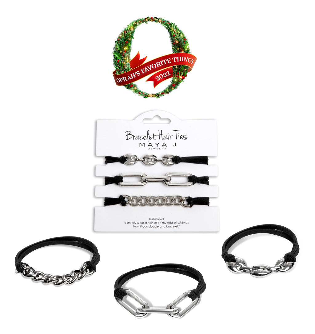 Maya J Bracelet Hair Ties – 3x 14k White Gold Hair Tie Bracelets with Black Elastic, Silver Accents